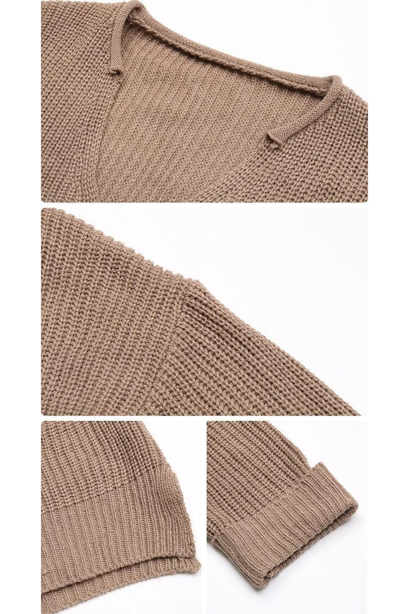 LONG SLEEVED SOLID V NECK KNIT TOP - Doublju