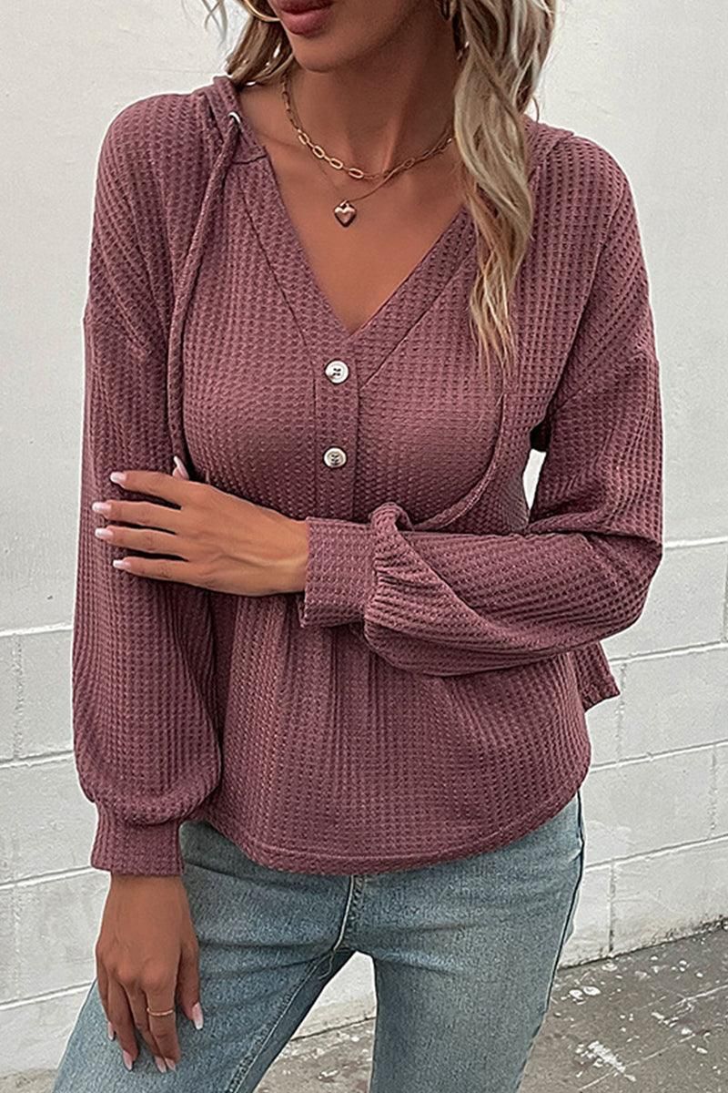 BUTTON NECK HOODIED WAFFLE KNIT TUNIC TOP - Doublju