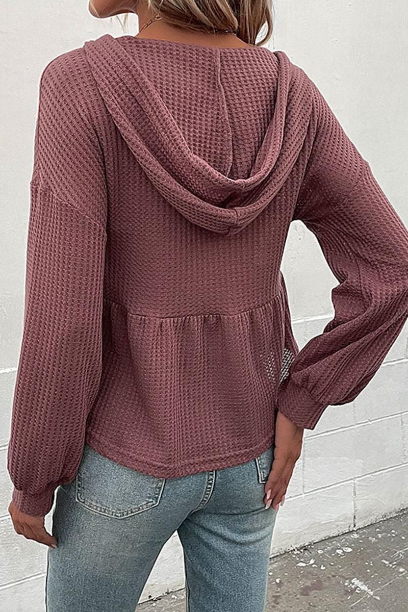 BUTTON NECK HOODIED WAFFLE KNIT TUNIC TOP - Doublju
