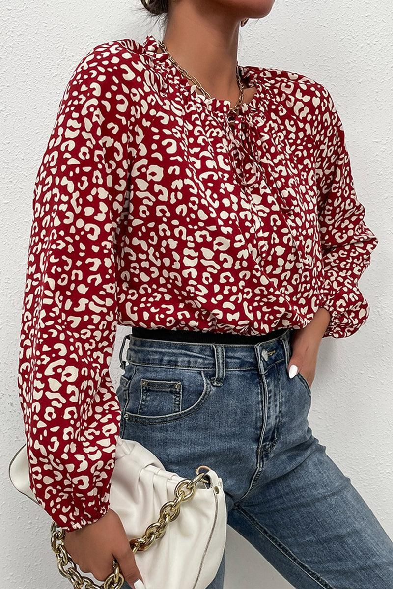 TIED NECK PRINTED CASUAL TOP - Doublju