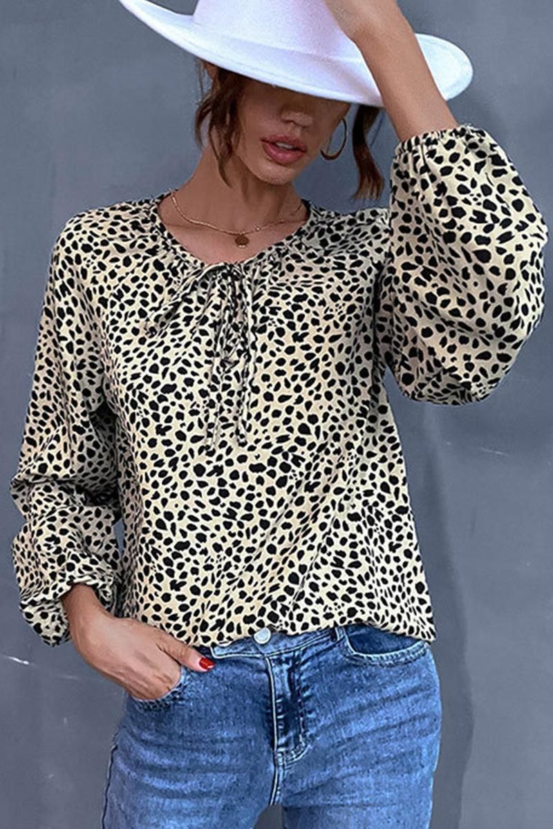 LONG SLEEVE LACED LEOPARD CASUAL TOP - Doublju
