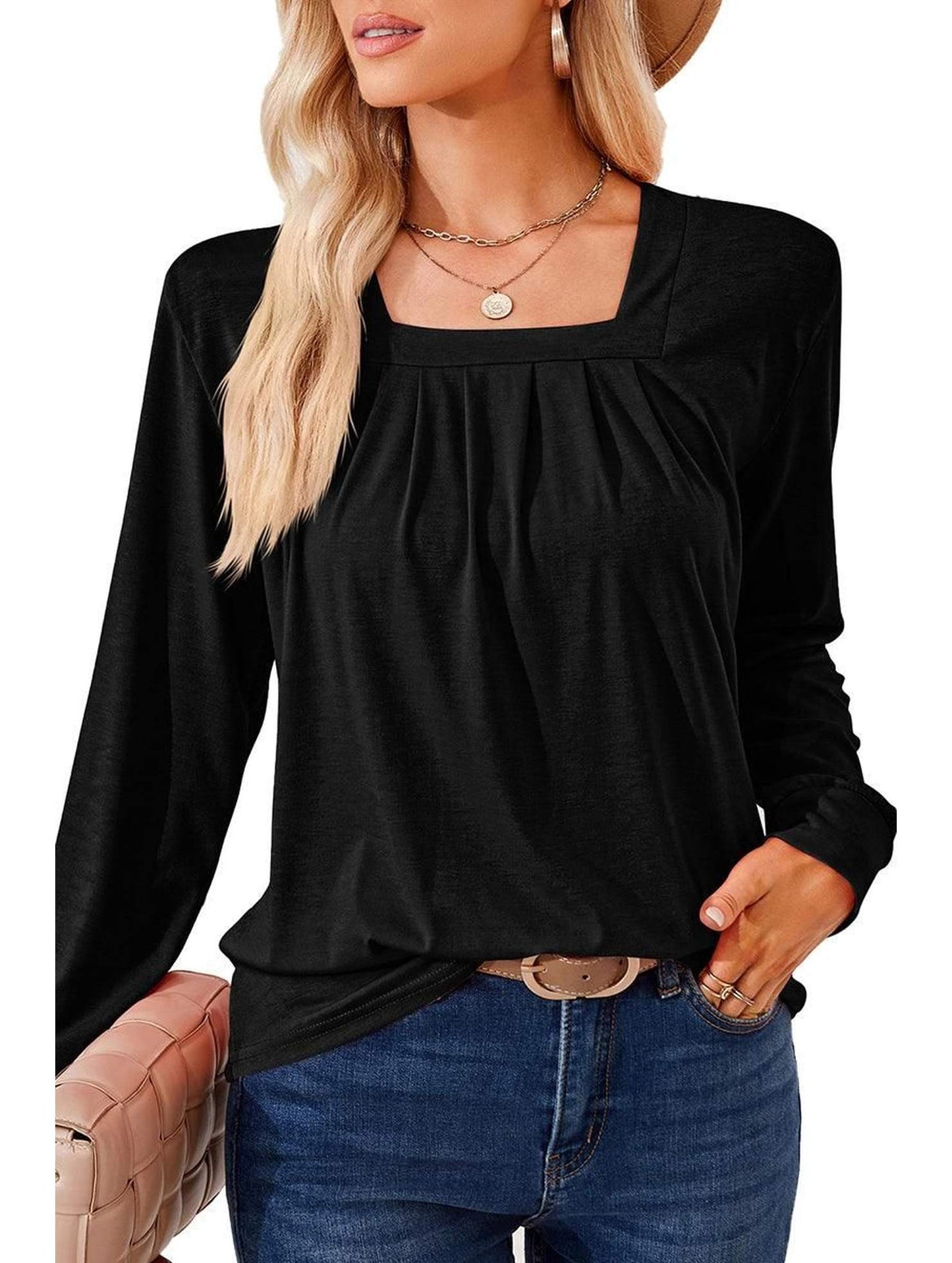 WOMEN SQUARE NECK FLUTTER LONG SLEEVE TOP - Doublju