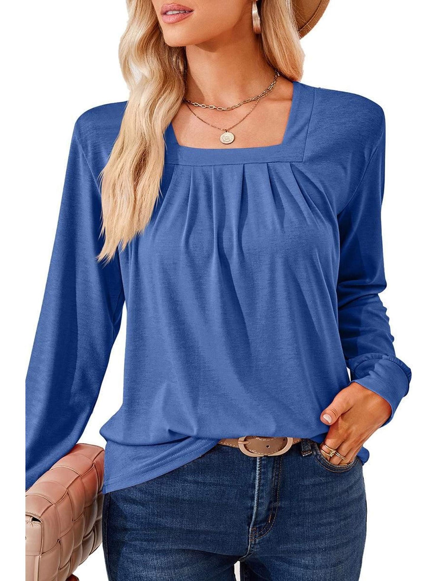 WOMEN SQUARE NECK FLUTTER LONG SLEEVE TOP - Doublju