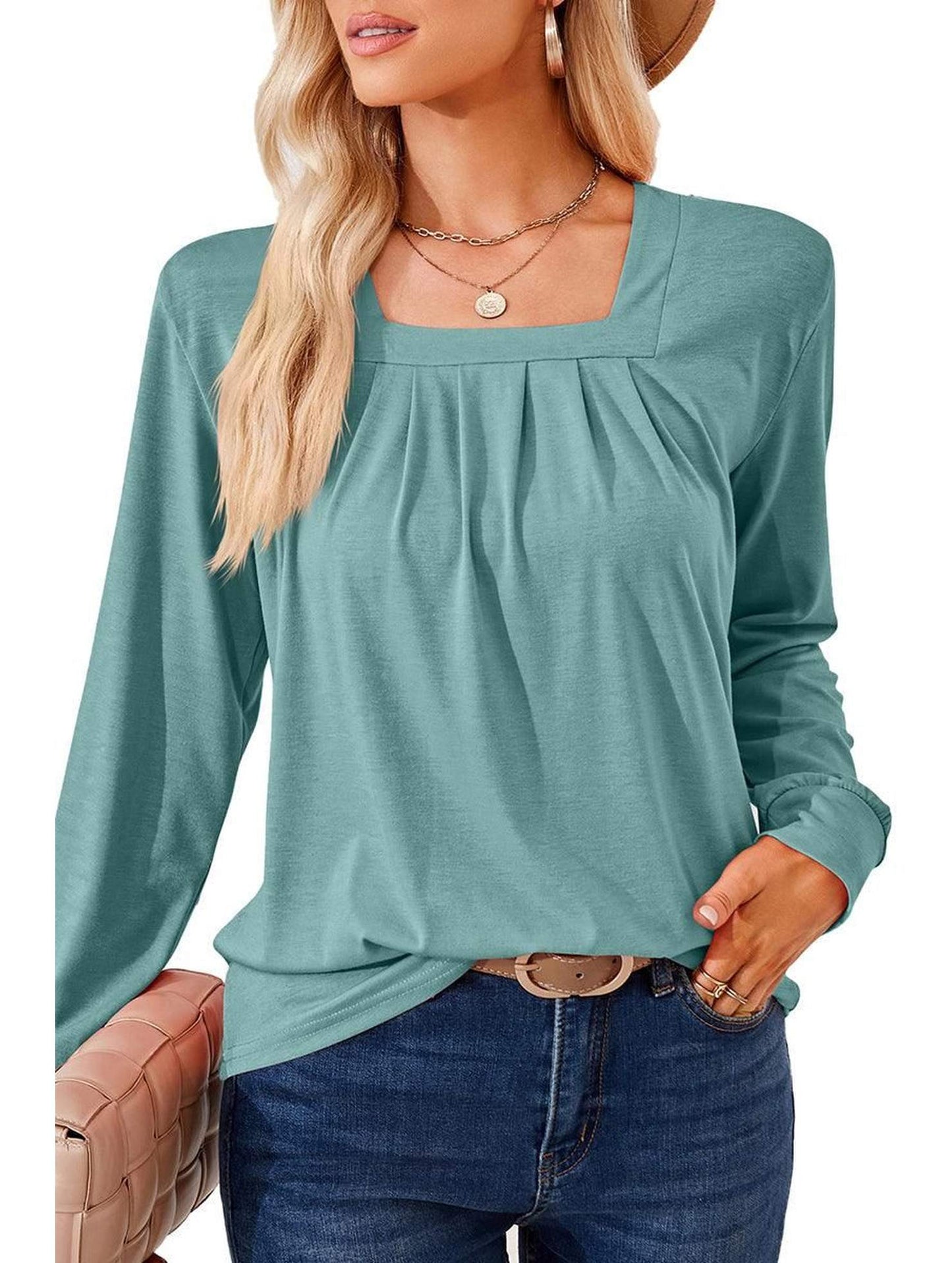 WOMEN SQUARE NECK FLUTTER LONG SLEEVE TOP - Doublju