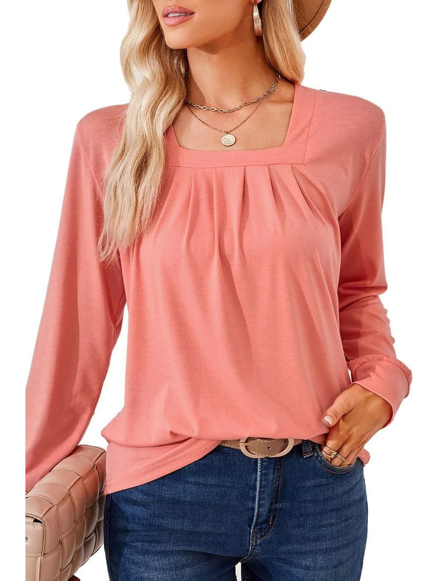WOMEN SQUARE NECK FLUTTER LONG SLEEVE TOP - Doublju