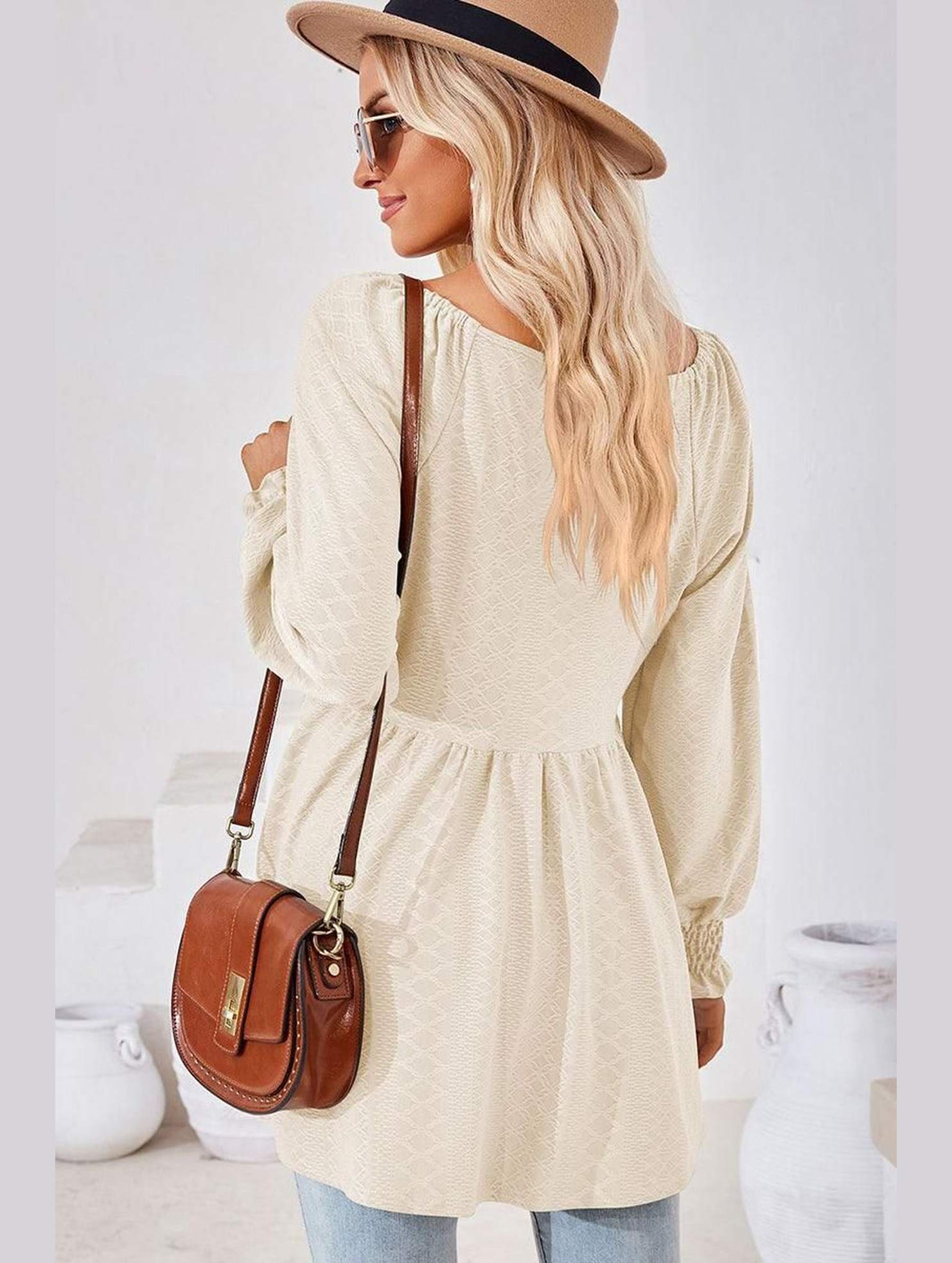 WOMEN V NECK PATTERNED RUFFLE SLEEVE TUNIC - Doublju