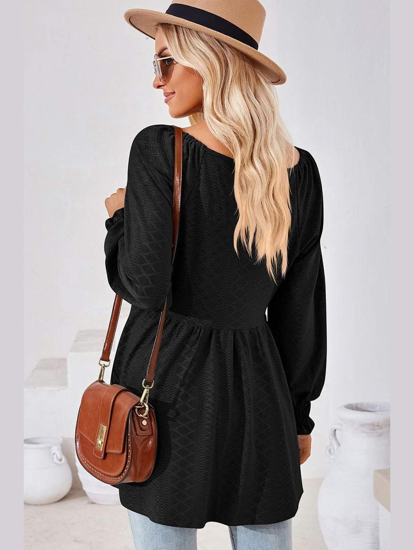 WOMEN V NECK PATTERNED RUFFLE SLEEVE TUNIC - Doublju