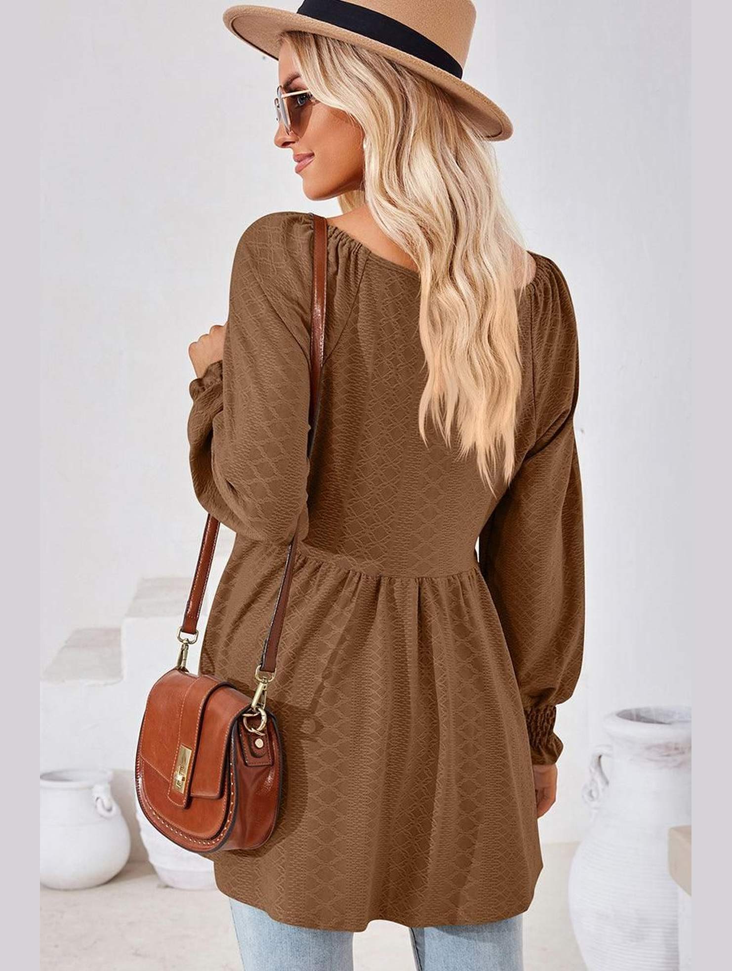 WOMEN V NECK PATTERNED RUFFLE SLEEVE TUNIC - Doublju