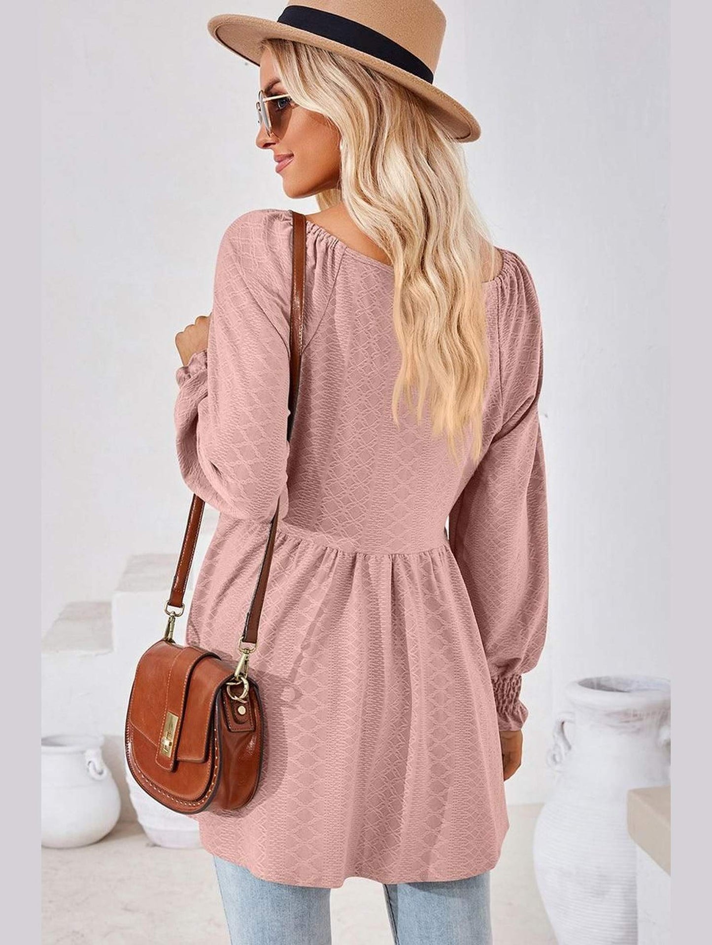 WOMEN V NECK PATTERNED RUFFLE SLEEVE TUNIC - Doublju