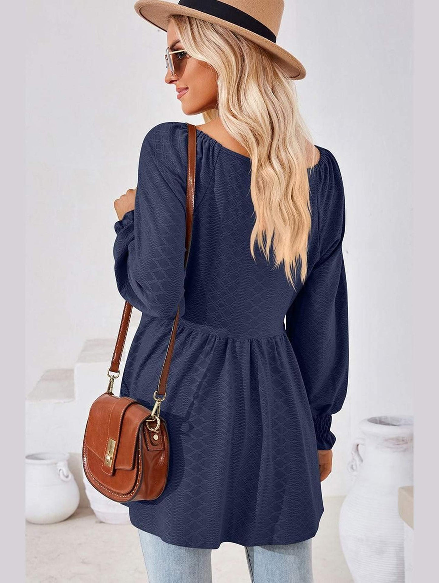WOMEN V NECK PATTERNED RUFFLE SLEEVE TUNIC - Doublju