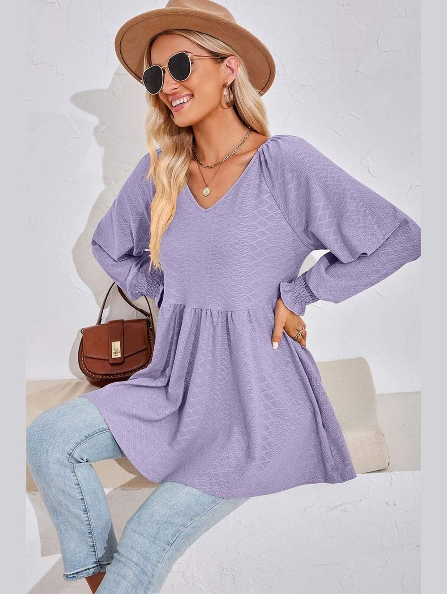 WOMEN V NECK PATTERNED RUFFLE SLEEVE TUNIC - Doublju