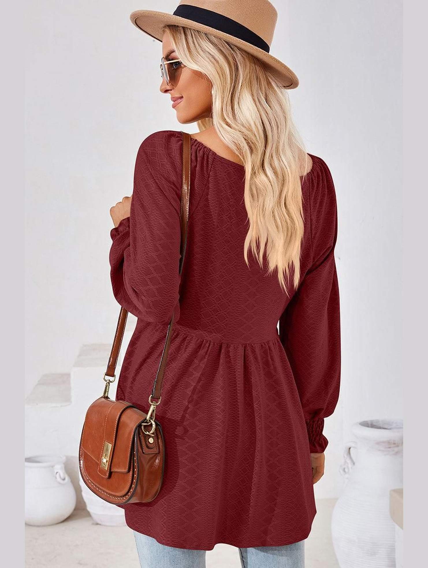 WOMEN V NECK PATTERNED RUFFLE SLEEVE TUNIC - Doublju