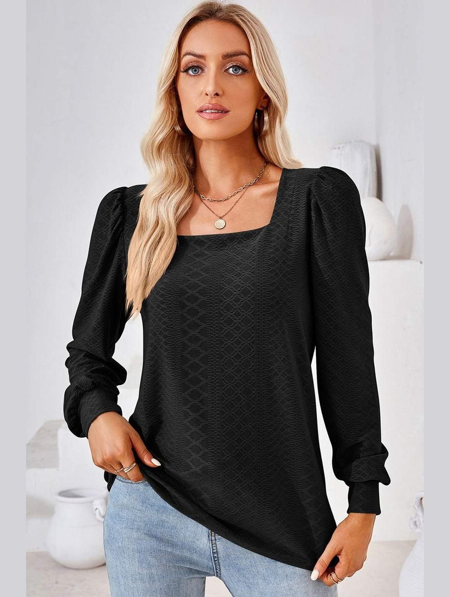 WOMEN PATTERN STITCHED SQUARE NECK PUFF SLEEVE TOP - Doublju