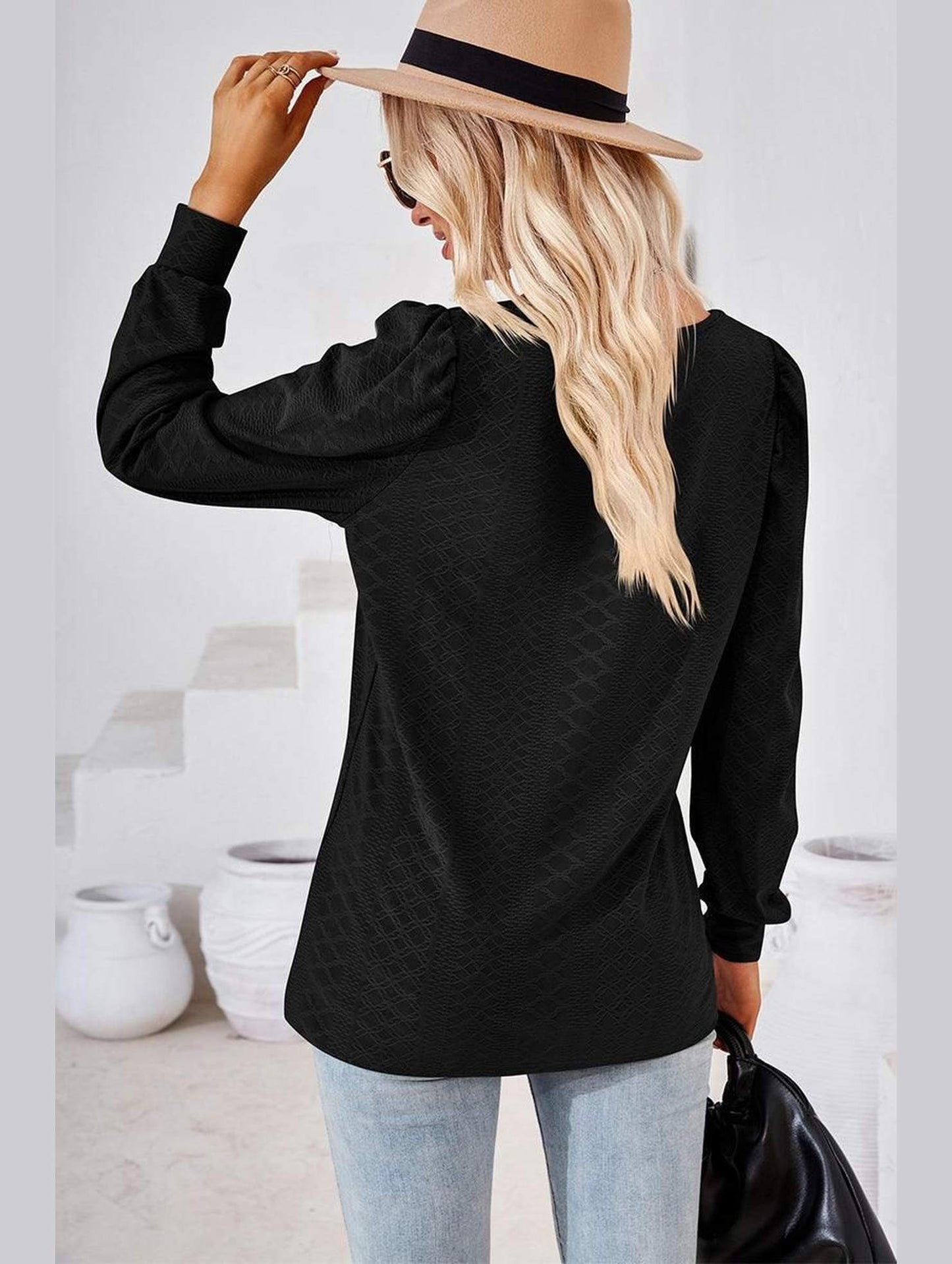 WOMEN PATTERN STITCHED SQUARE NECK PUFF SLEEVE TOP - Doublju