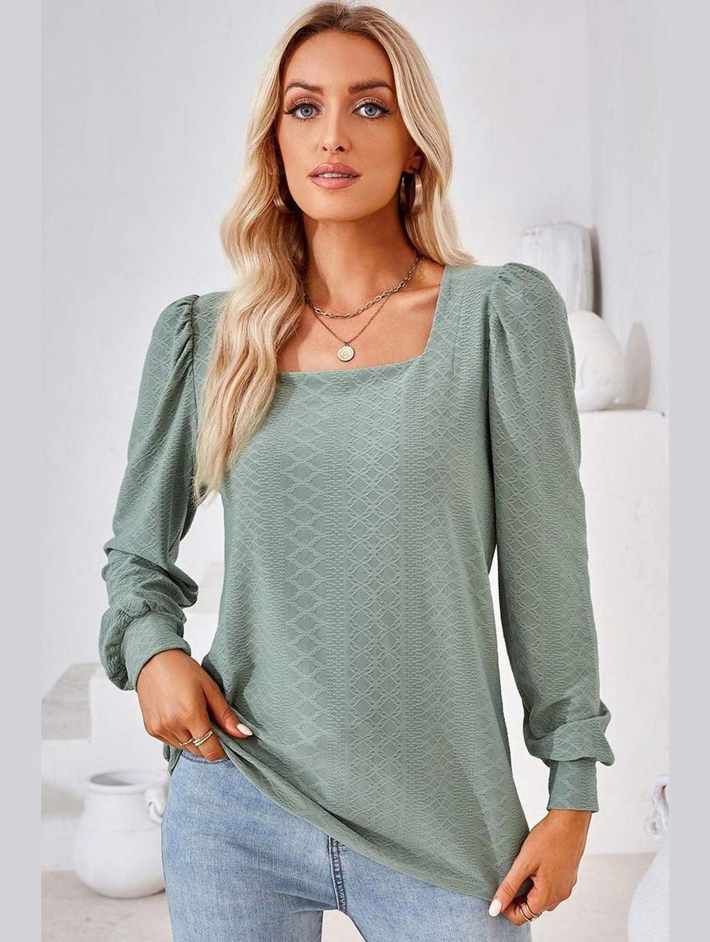 WOMEN PATTERN STITCHED SQUARE NECK PUFF SLEEVE TOP - Doublju