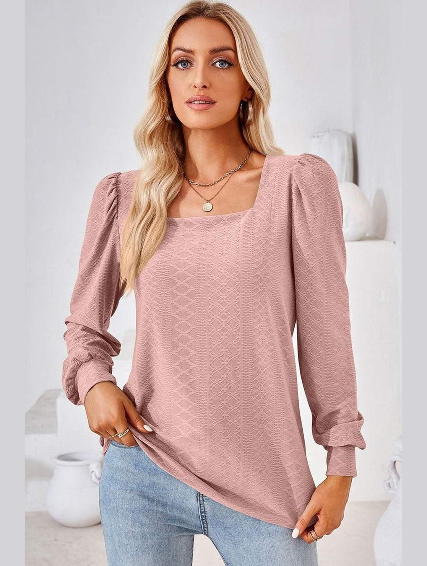 WOMEN PATTERN STITCHED SQUARE NECK PUFF SLEEVE TOP - Doublju