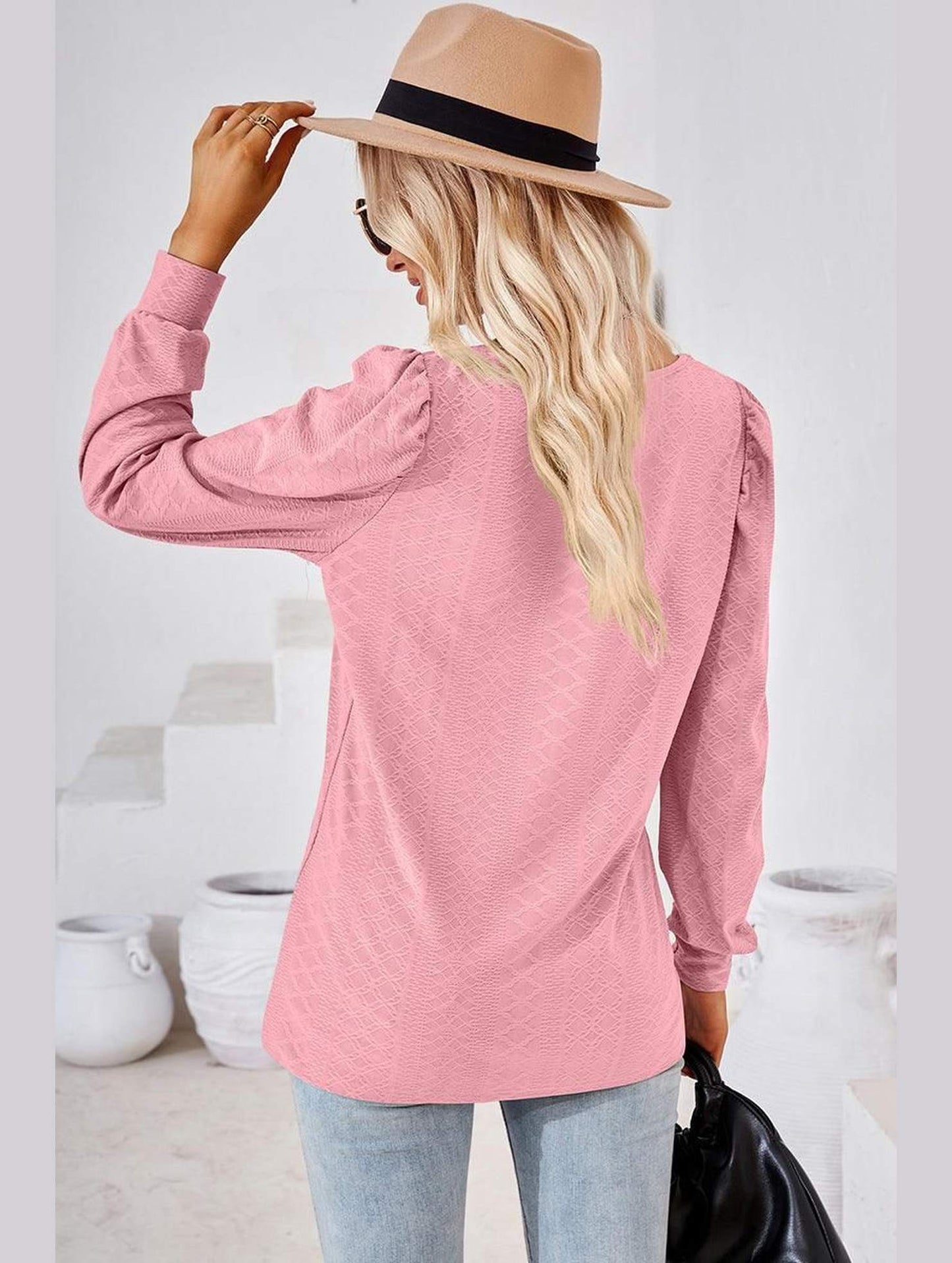 WOMEN PATTERN STITCHED SQUARE NECK PUFF SLEEVE TOP - Doublju