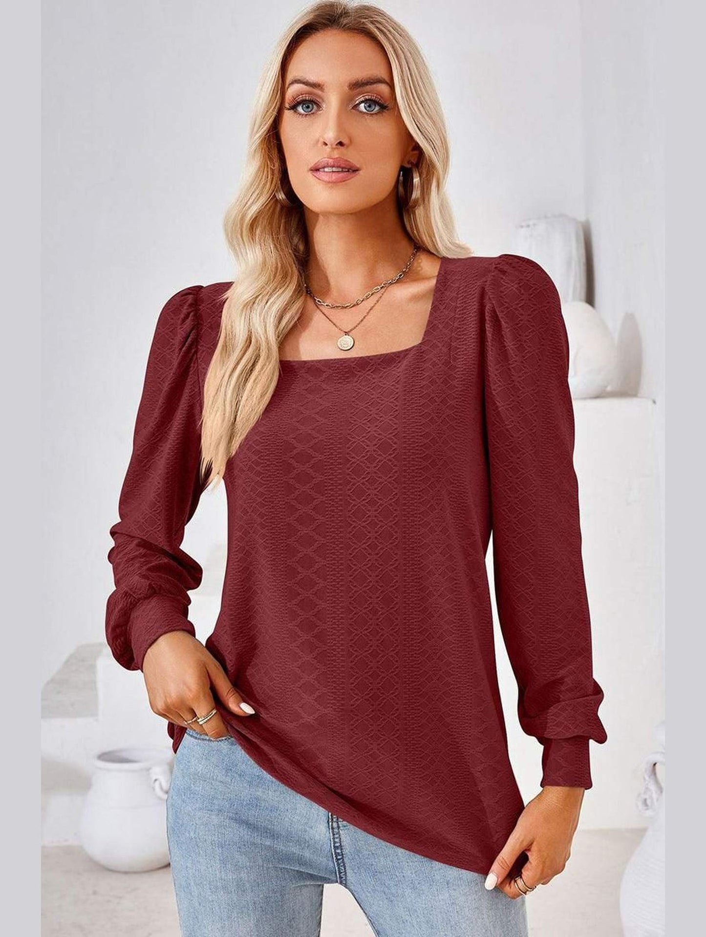 WOMEN PATTERN STITCHED SQUARE NECK PUFF SLEEVE TOP - Doublju