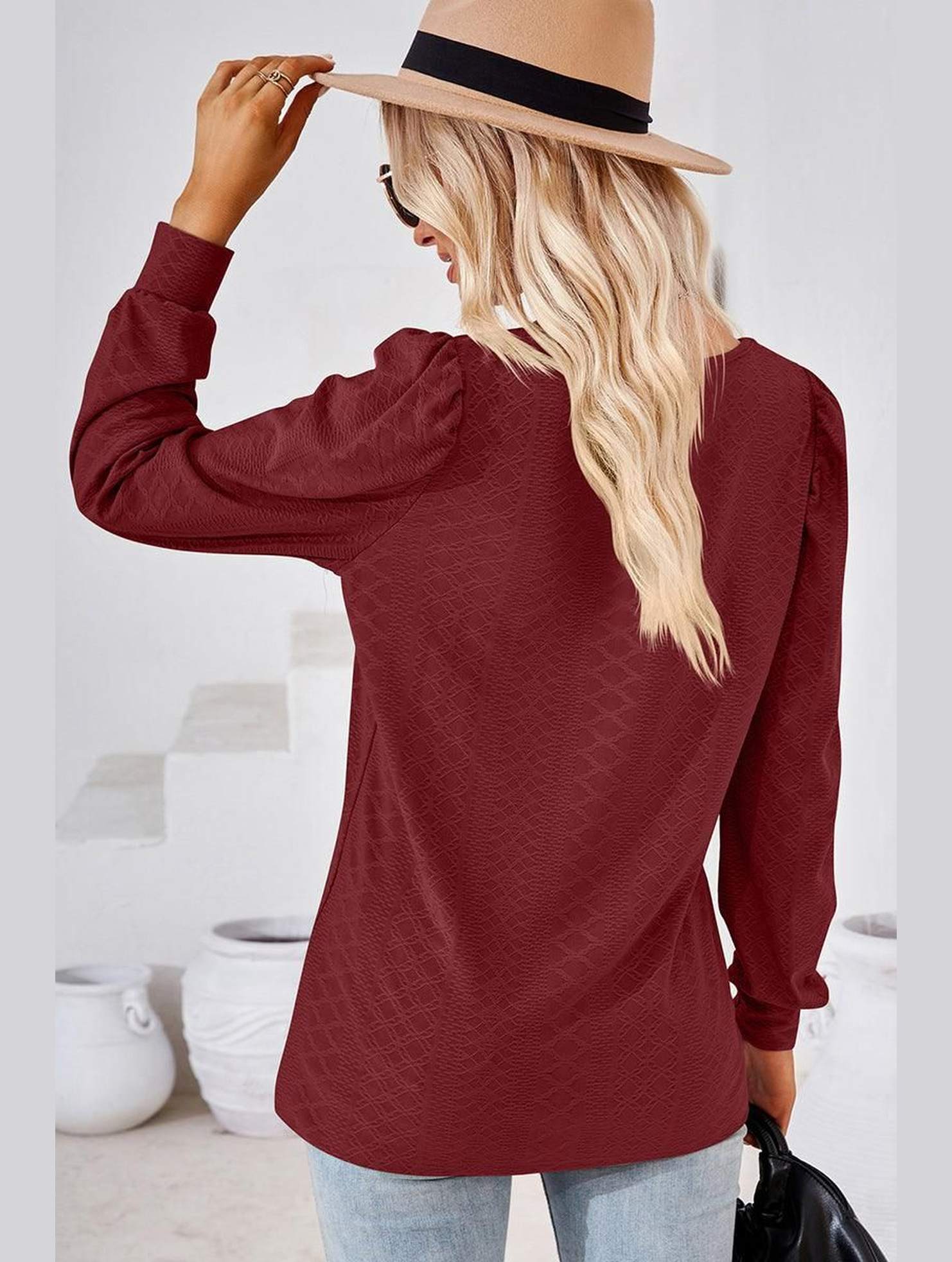 WOMEN PATTERN STITCHED SQUARE NECK PUFF SLEEVE TOP - Doublju