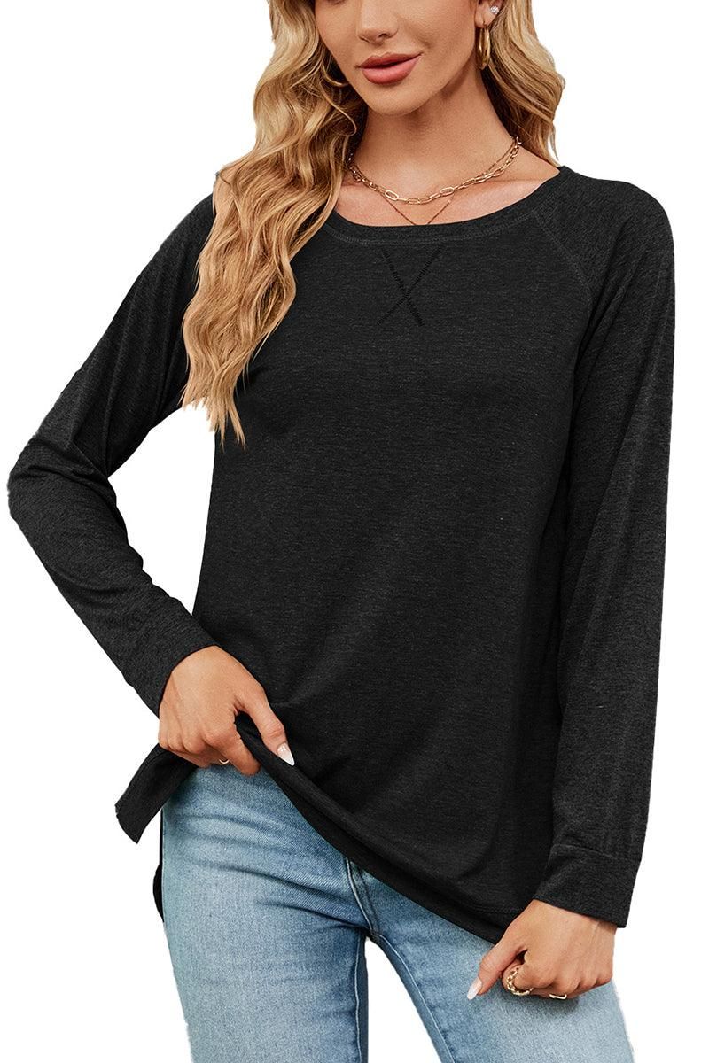 WOMEN X STITCHED COLOR BLOCK SLEEVE BASIC PULLOVER - Doublju