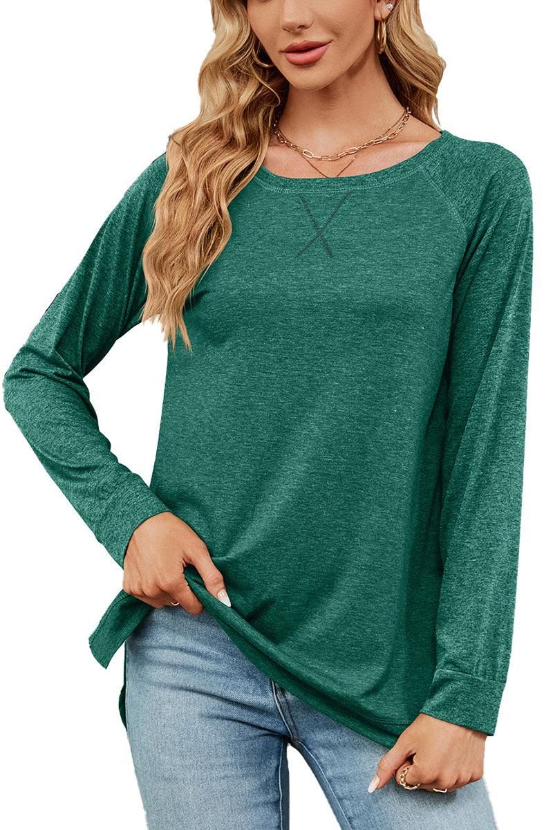 WOMEN X STITCHED COLOR BLOCK SLEEVE BASIC PULLOVER - Doublju