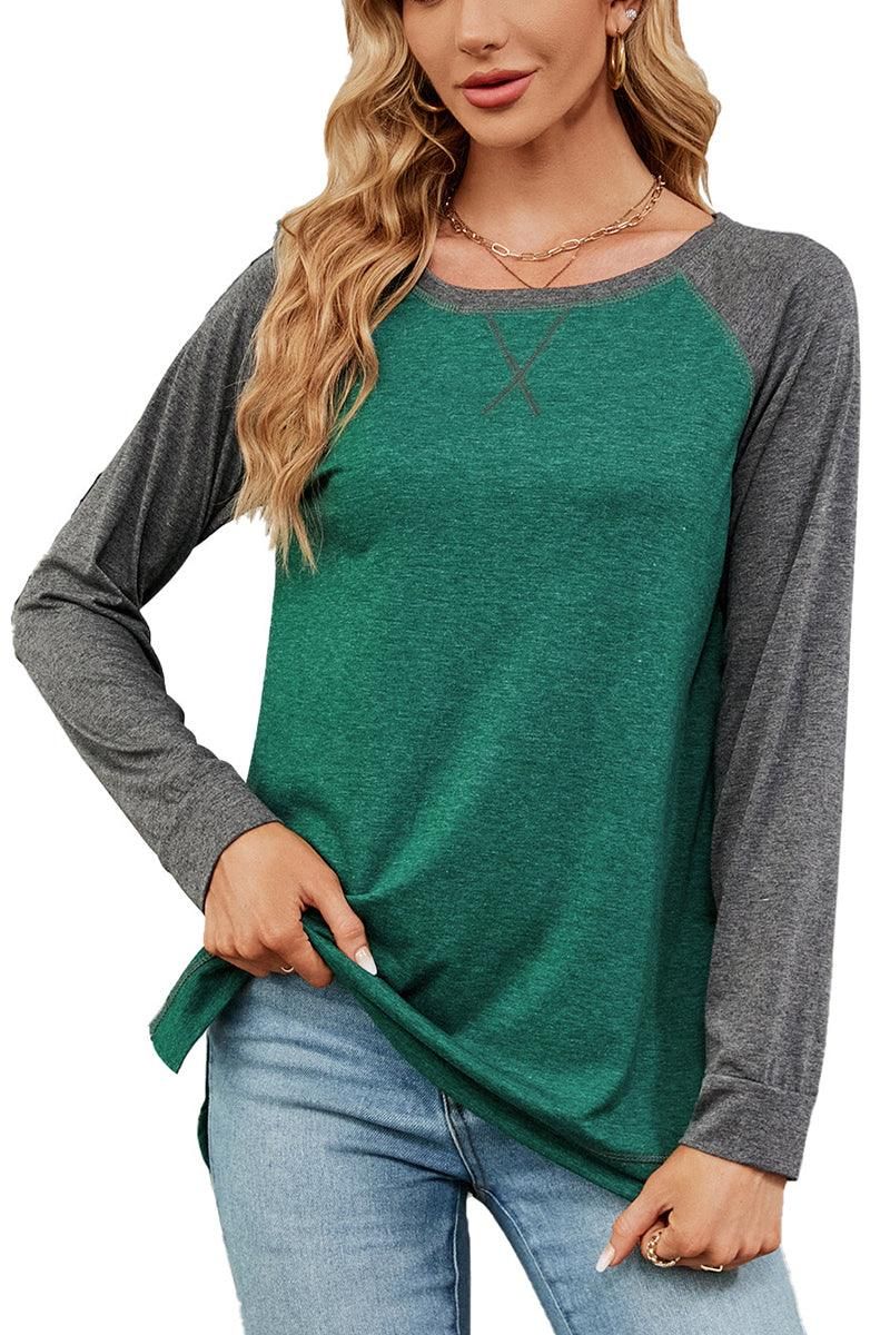 WOMEN X STITCHED COLOR BLOCK SLEEVE BASIC PULLOVER - Doublju