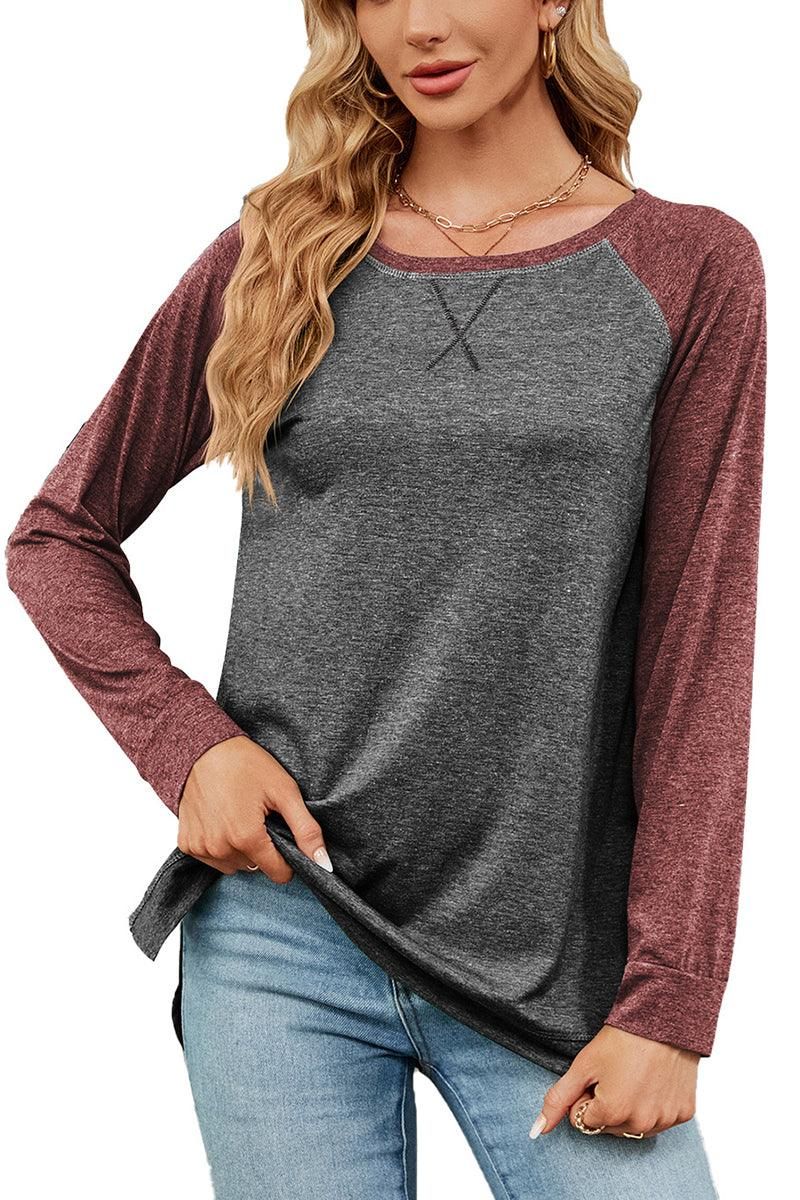 WOMEN X STITCHED COLOR BLOCK SLEEVE BASIC PULLOVER - Doublju