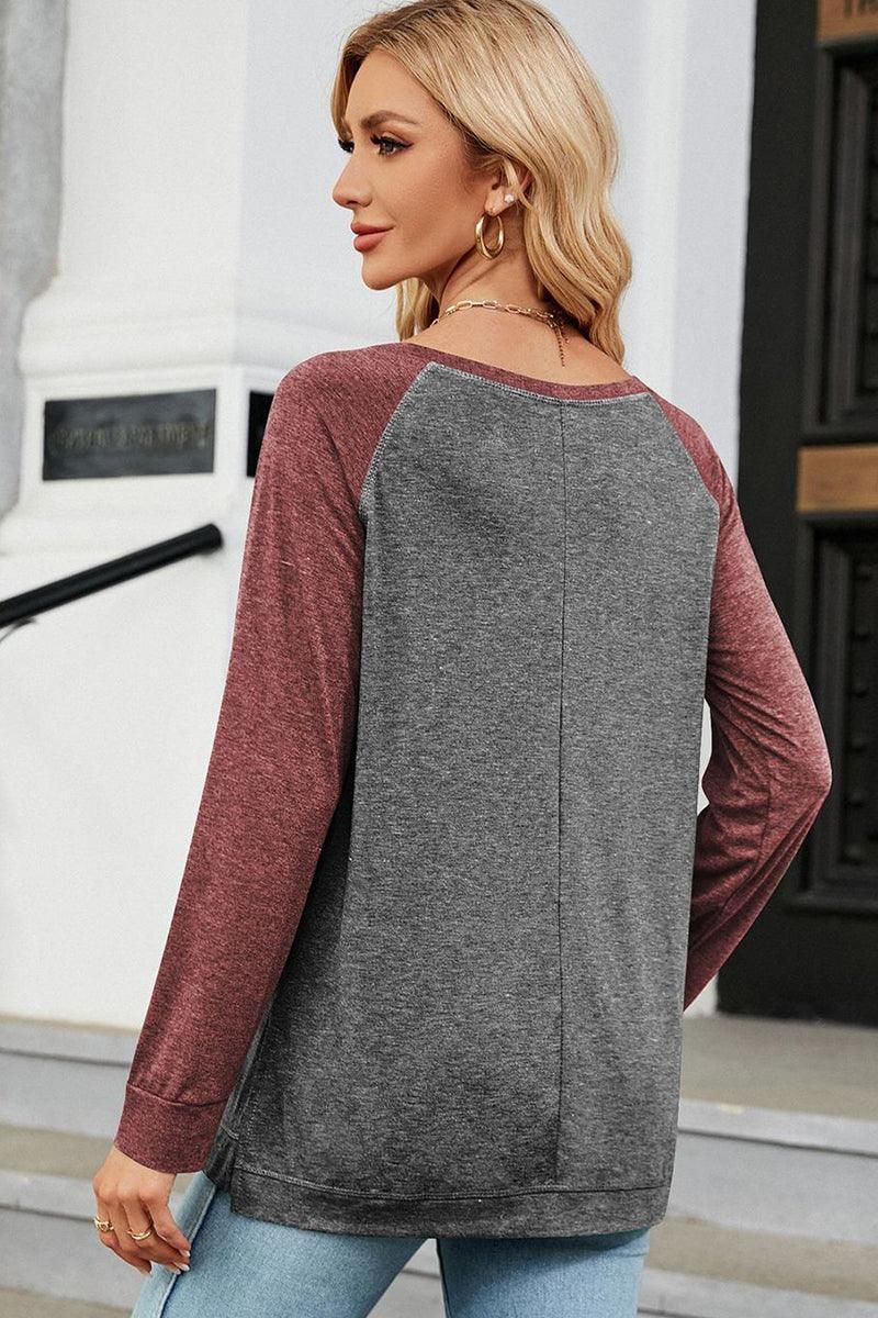 WOMEN X STITCHED COLOR BLOCK SLEEVE BASIC PULLOVER - Doublju