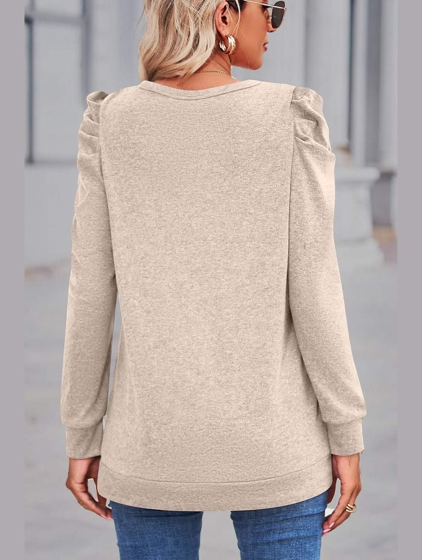 WOMEN LOOSE FIT SHIRRED PUFF SLEEVE PULLOVER TOP - Doublju