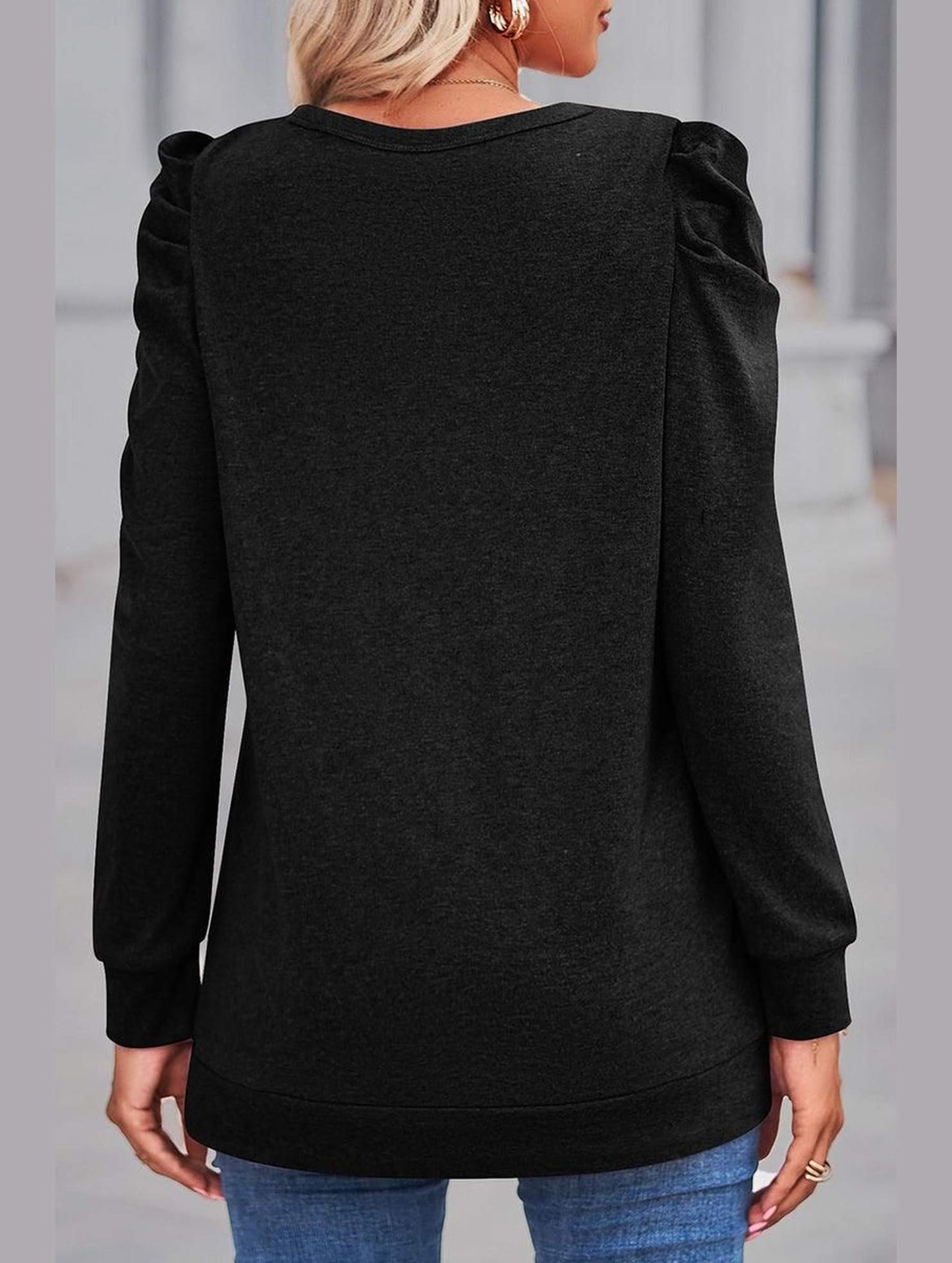 WOMEN LOOSE FIT SHIRRED PUFF SLEEVE PULLOVER TOP - Doublju