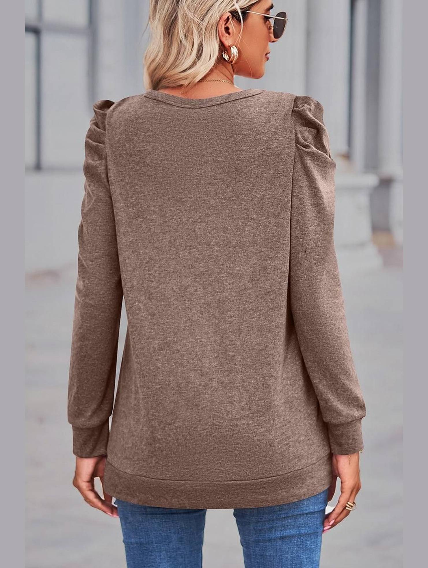 WOMEN LOOSE FIT SHIRRED PUFF SLEEVE PULLOVER TOP - Doublju