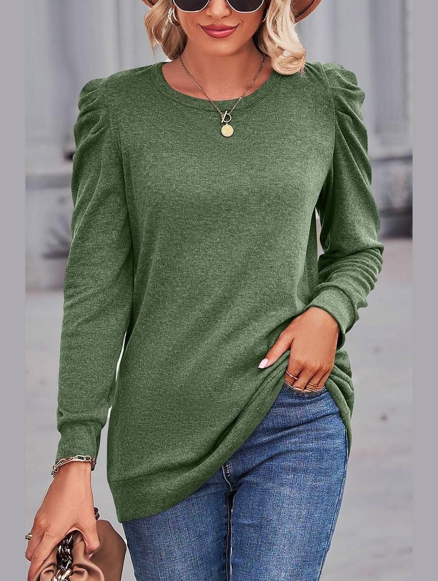 WOMEN LOOSE FIT SHIRRED PUFF SLEEVE PULLOVER TOP - Doublju