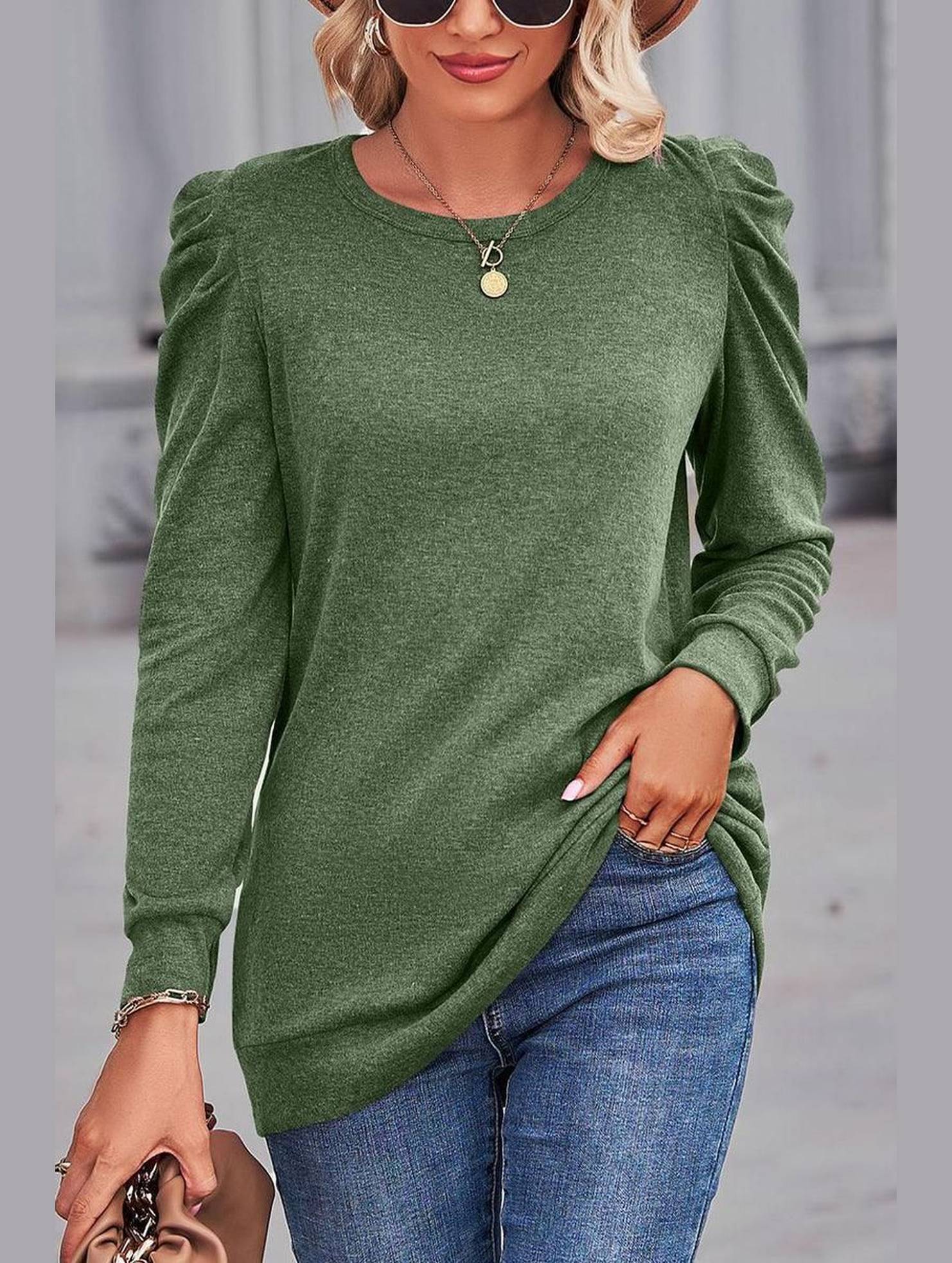 WOMEN LOOSE FIT SHIRRED PUFF SLEEVE PULLOVER TOP - Doublju