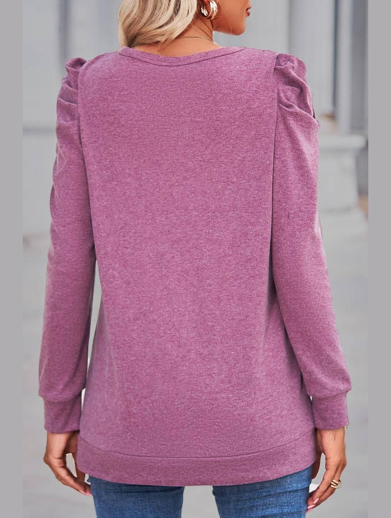 WOMEN LOOSE FIT SHIRRED PUFF SLEEVE PULLOVER TOP - Doublju