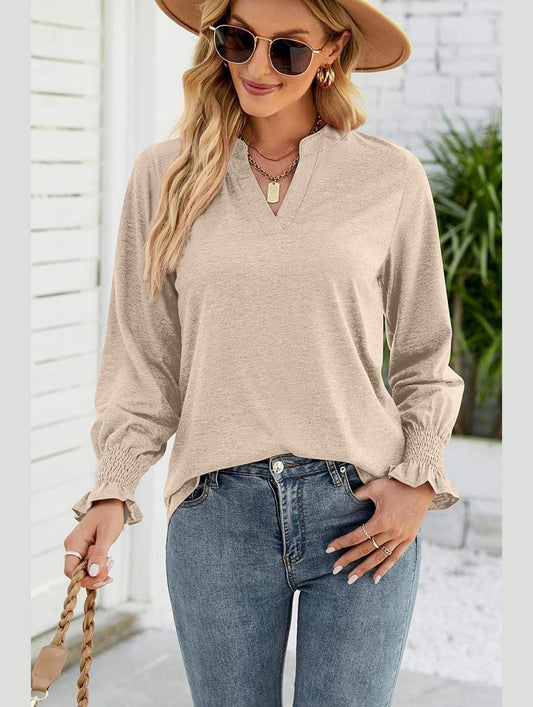 WOMEN V NECK FITTED RUFFLE SLEEVE OVERSIZED TOP - Doublju
