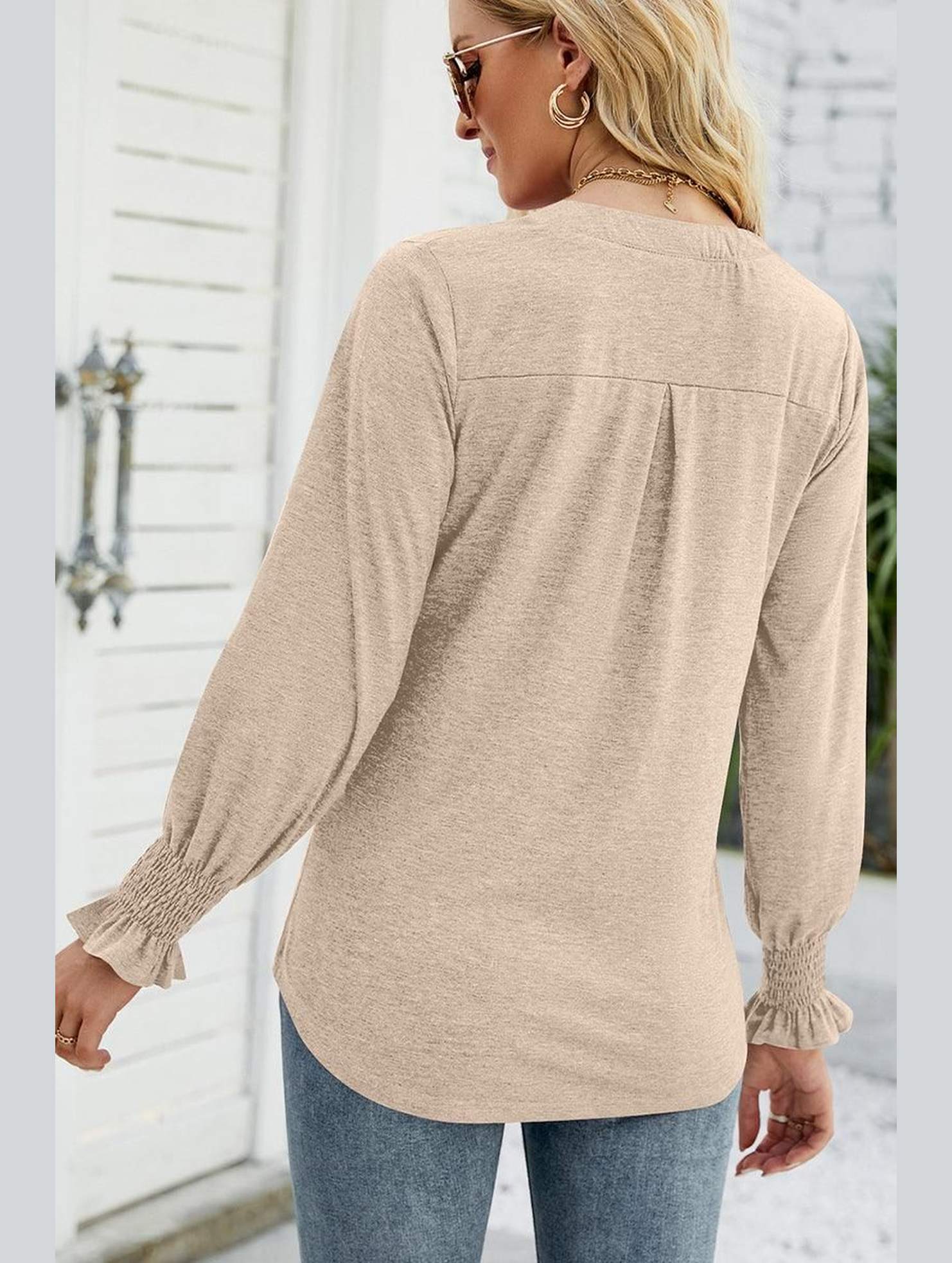 WOMEN V NECK FITTED RUFFLE SLEEVE OVERSIZED TOP - Doublju