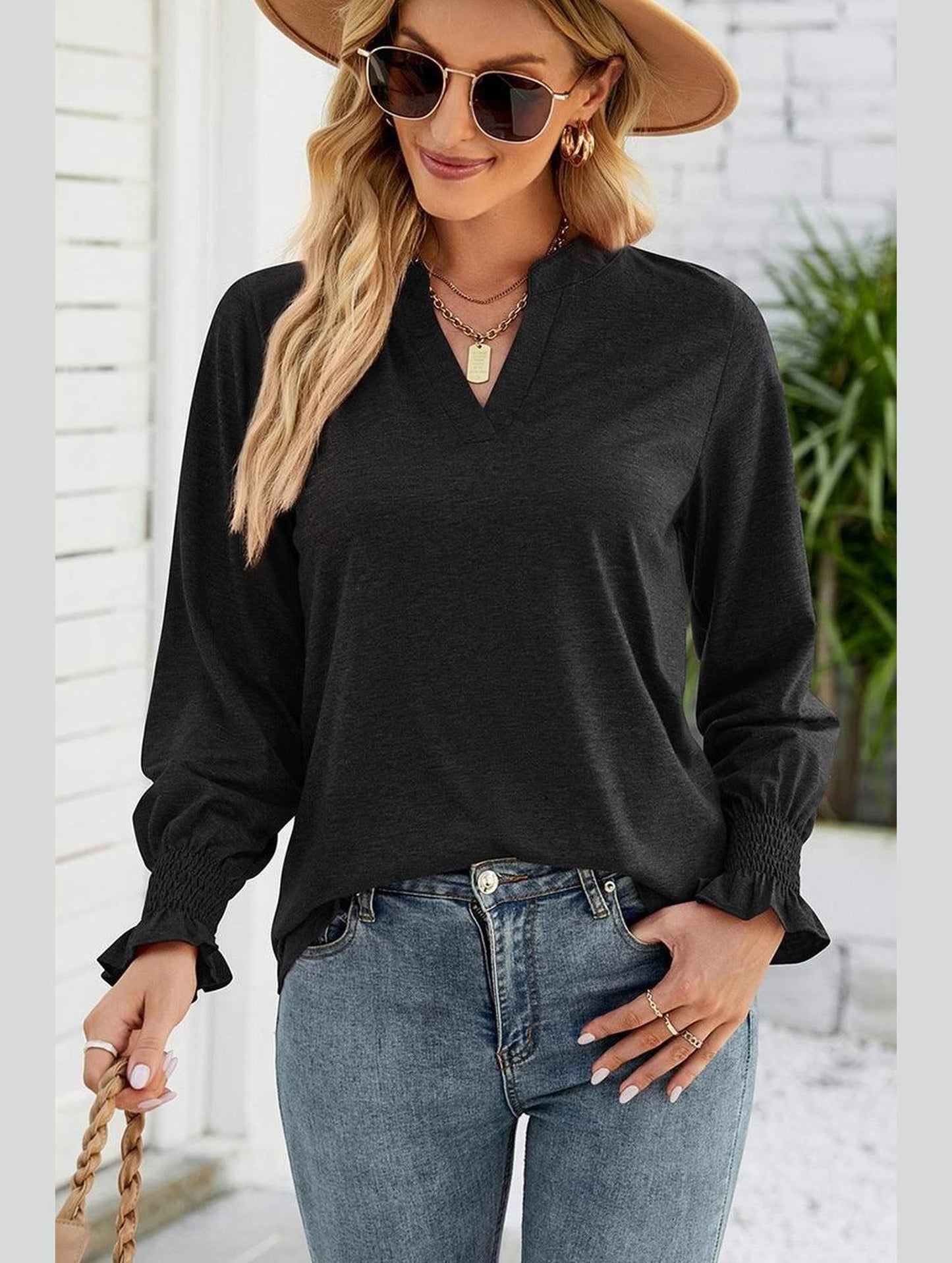 WOMEN V NECK FITTED RUFFLE SLEEVE OVERSIZED TOP - Doublju