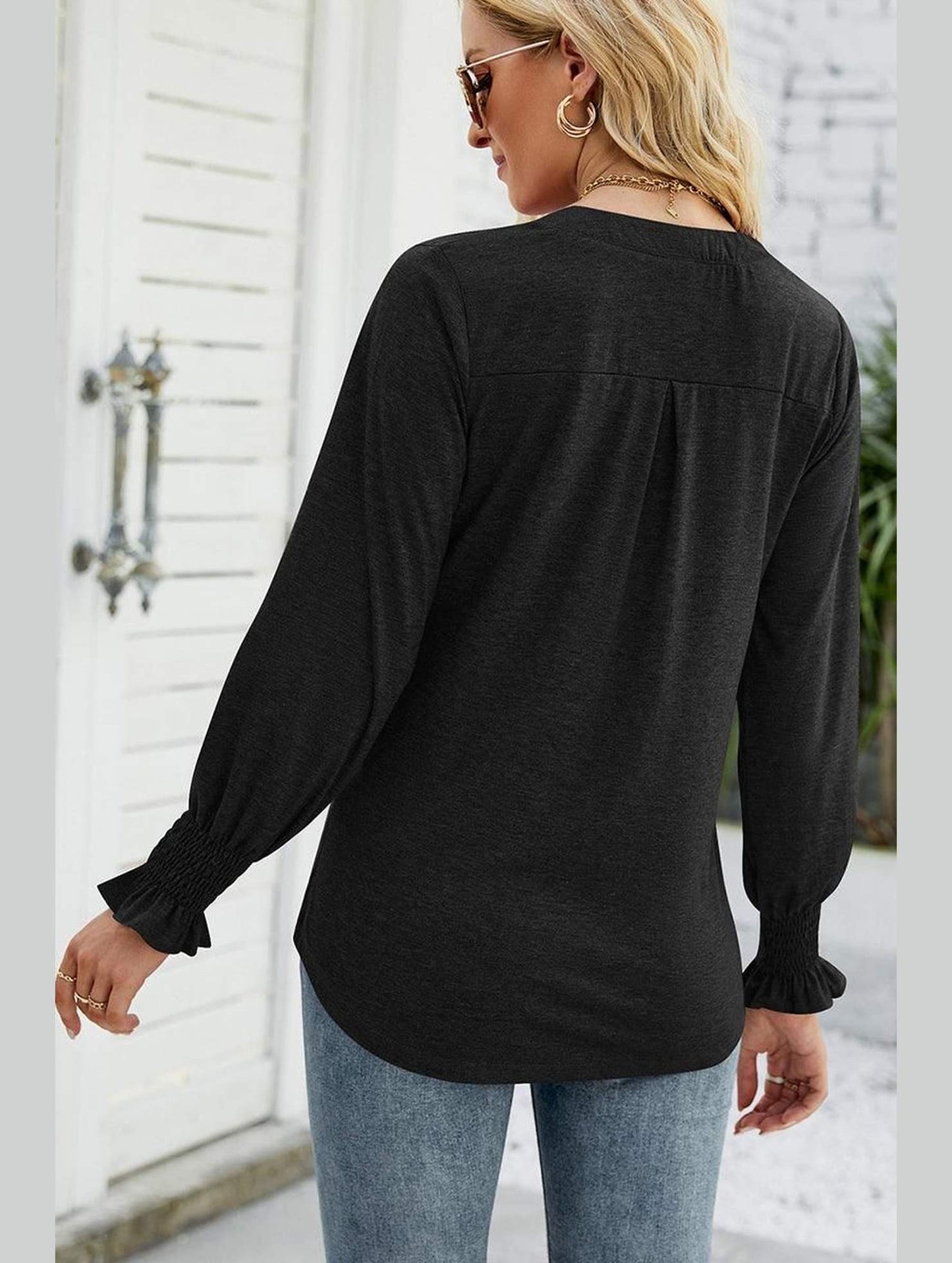 WOMEN V NECK FITTED RUFFLE SLEEVE OVERSIZED TOP - Doublju