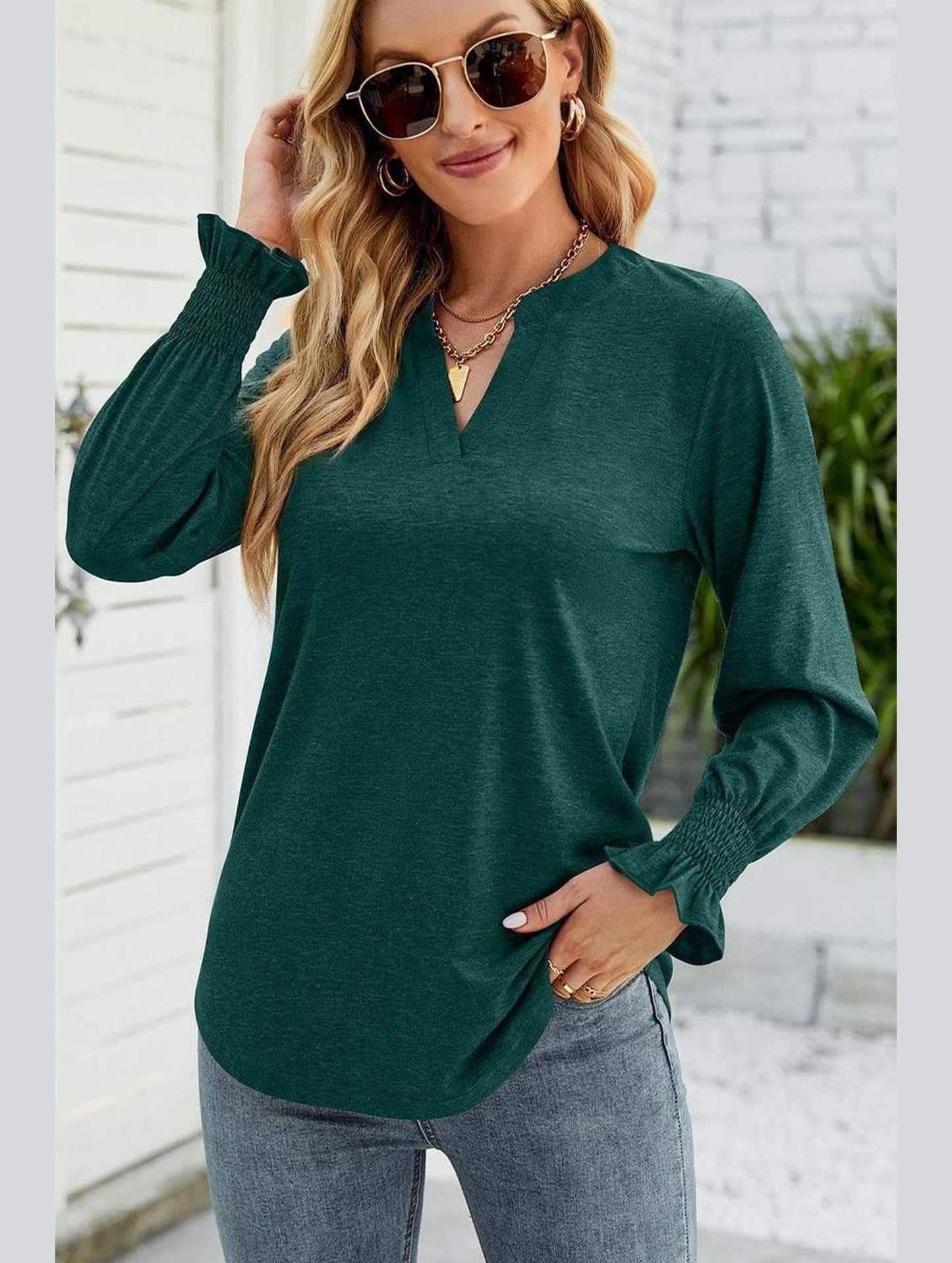 WOMEN V NECK FITTED RUFFLE SLEEVE OVERSIZED TOP - Doublju