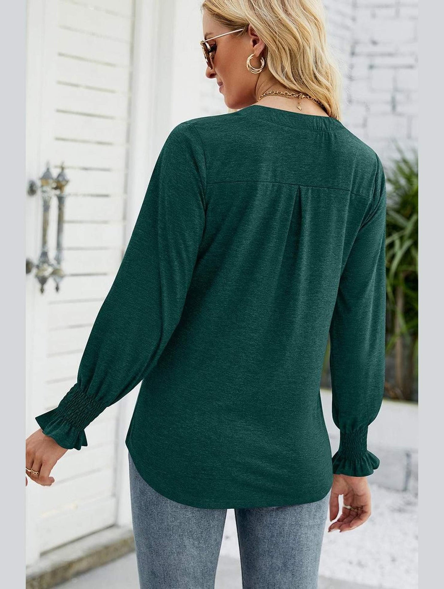 WOMEN V NECK FITTED RUFFLE SLEEVE OVERSIZED TOP - Doublju