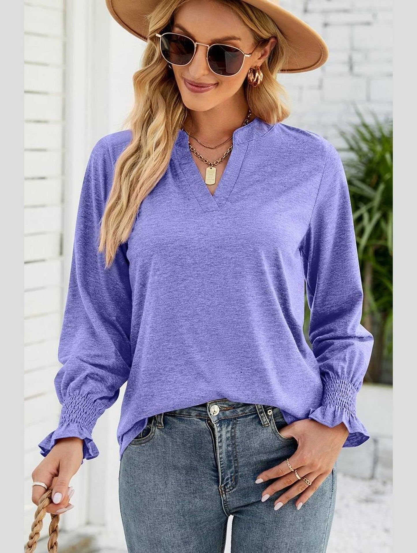 WOMEN V NECK FITTED RUFFLE SLEEVE OVERSIZED TOP - Doublju