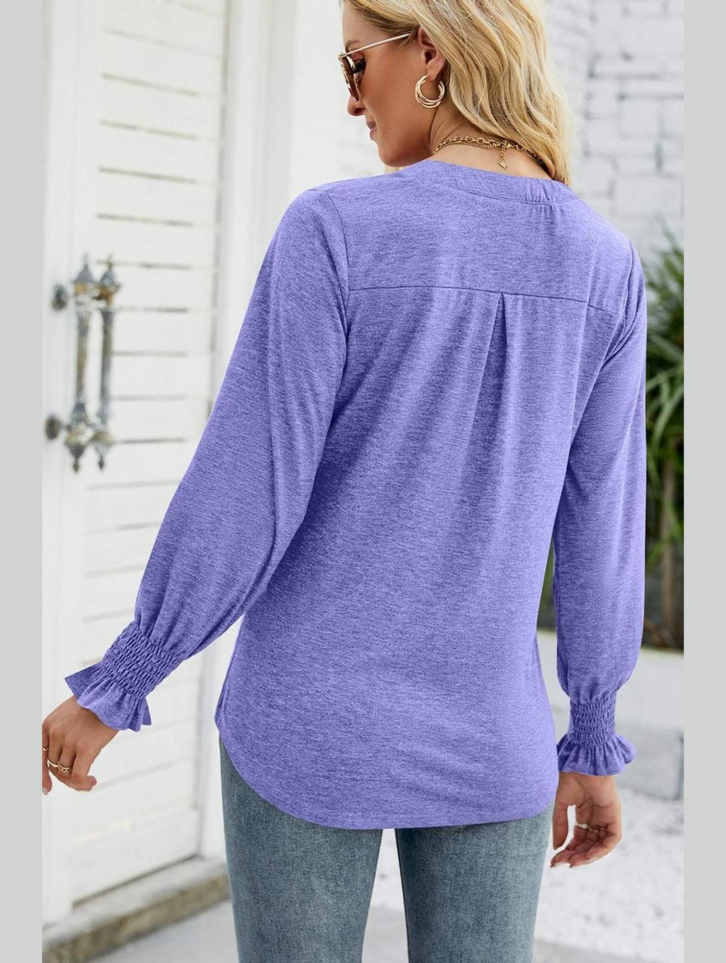 WOMEN V NECK FITTED RUFFLE SLEEVE OVERSIZED TOP - Doublju