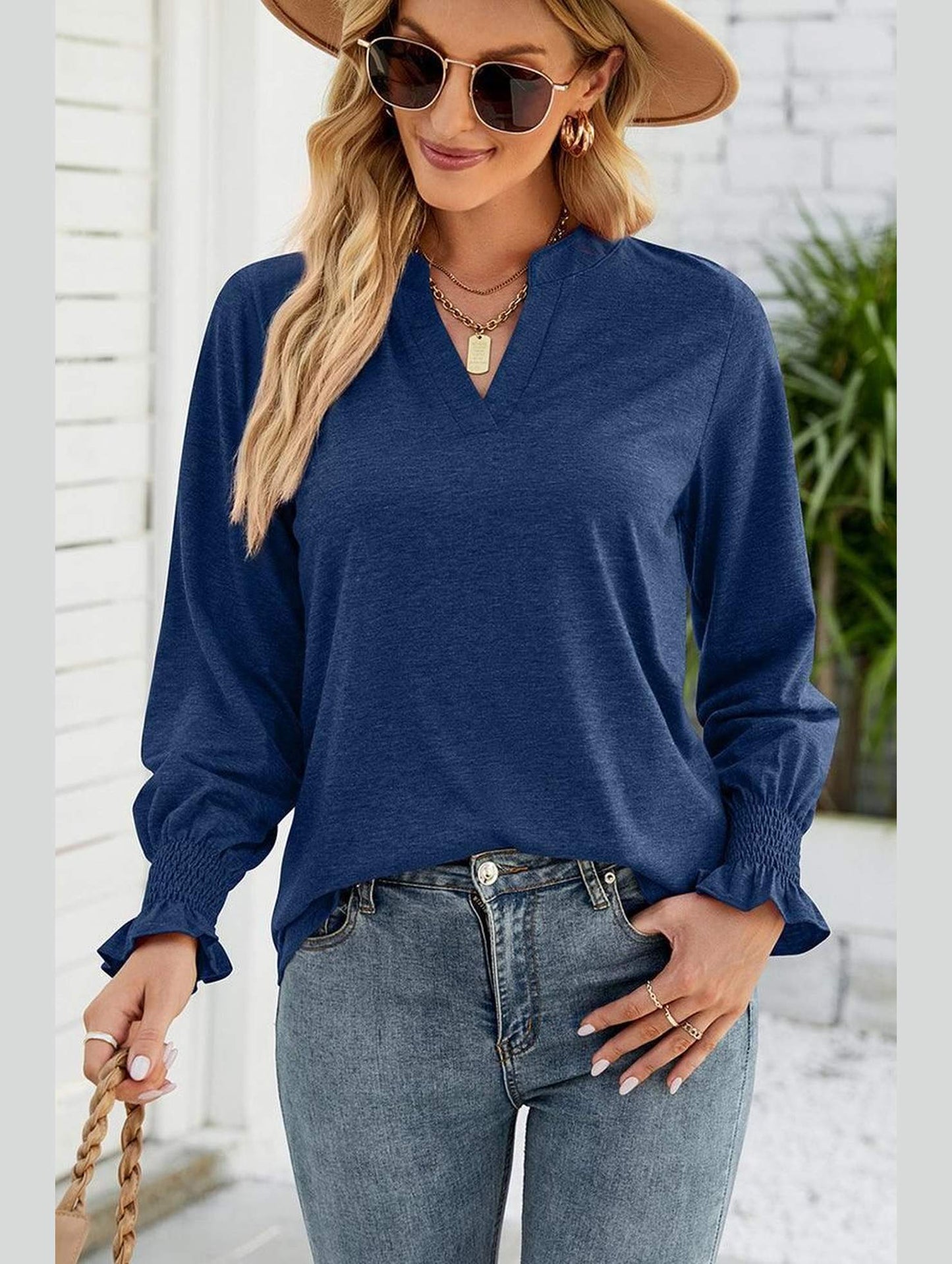 WOMEN V NECK FITTED RUFFLE SLEEVE OVERSIZED TOP - Doublju