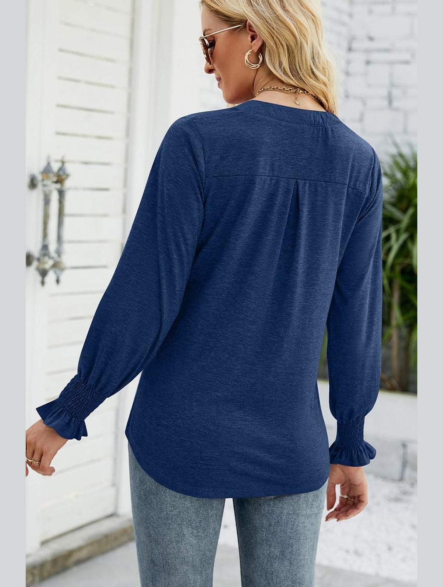 WOMEN V NECK FITTED RUFFLE SLEEVE OVERSIZED TOP - Doublju