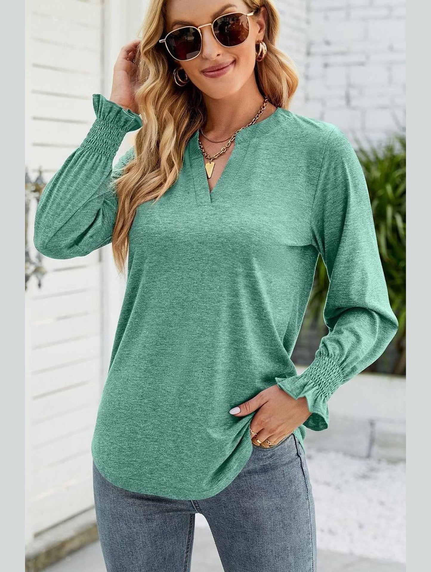 WOMEN V NECK FITTED RUFFLE SLEEVE OVERSIZED TOP - Doublju