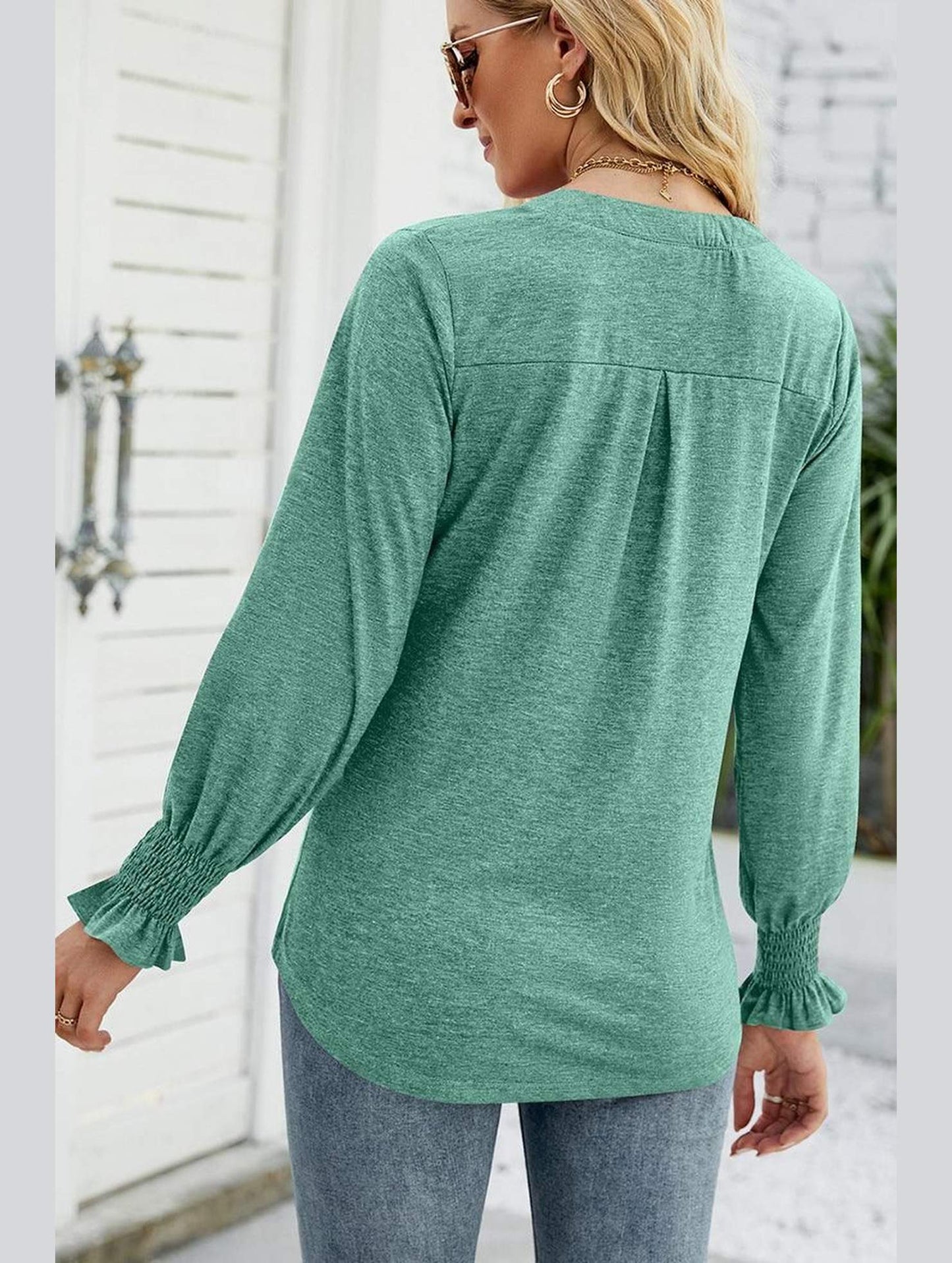 WOMEN V NECK FITTED RUFFLE SLEEVE OVERSIZED TOP - Doublju