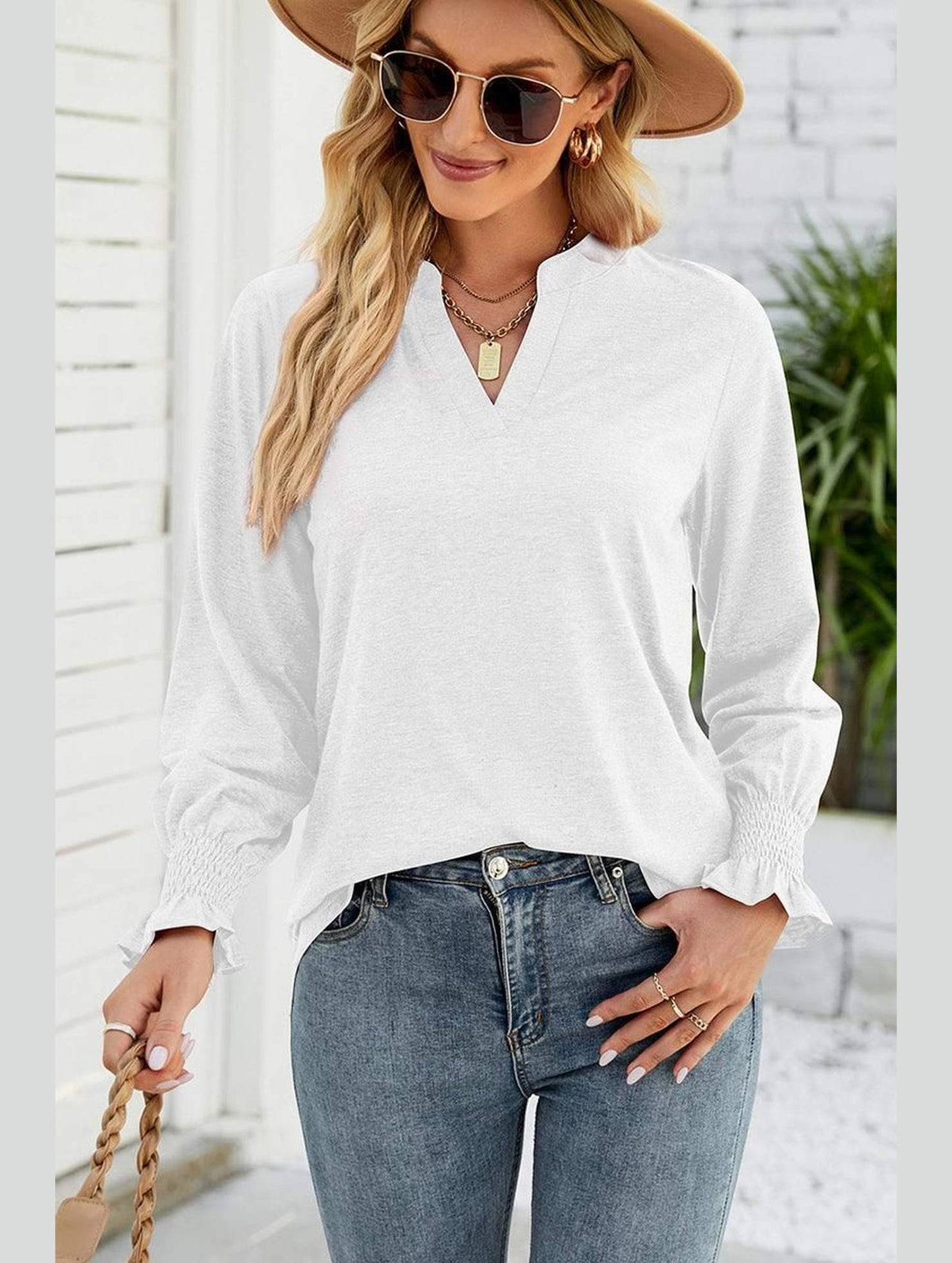 WOMEN V NECK FITTED RUFFLE SLEEVE OVERSIZED TOP - Doublju