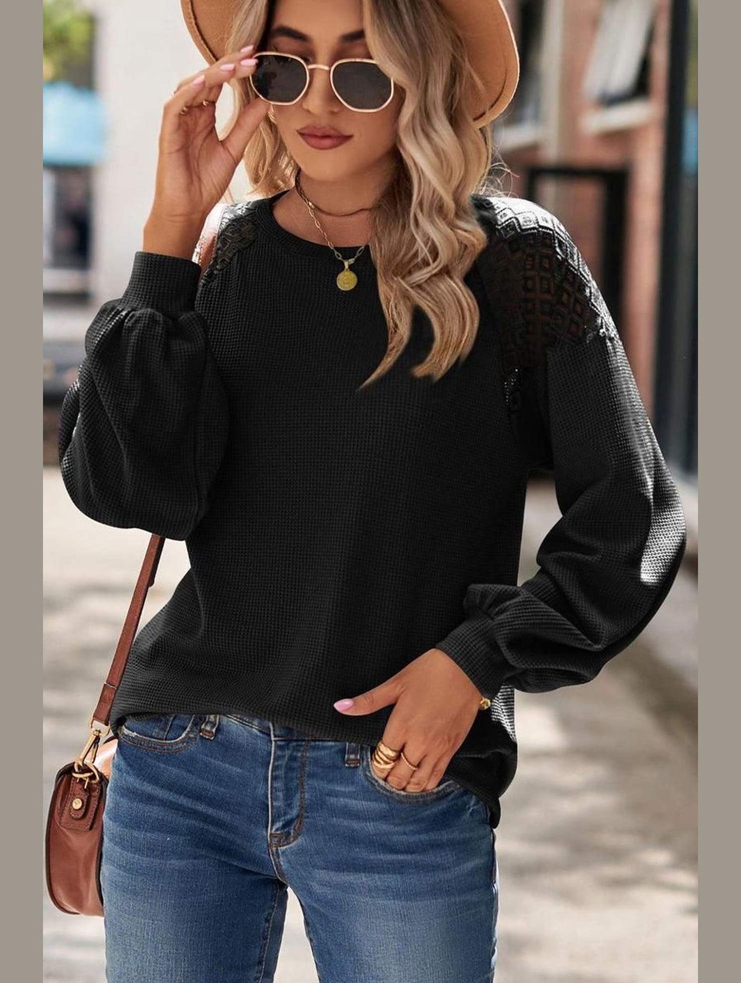 WOMEN LACED SHOULDER DETAILED CASUAL JUMPER TOP - Doublju