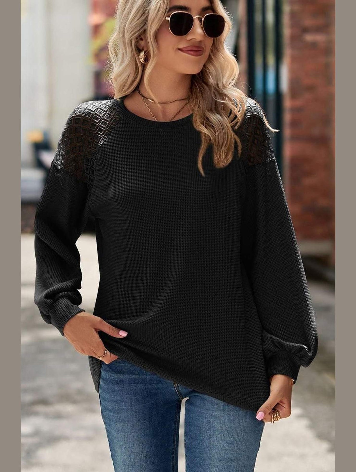 WOMEN LACED SHOULDER DETAILED CASUAL JUMPER TOP - Doublju