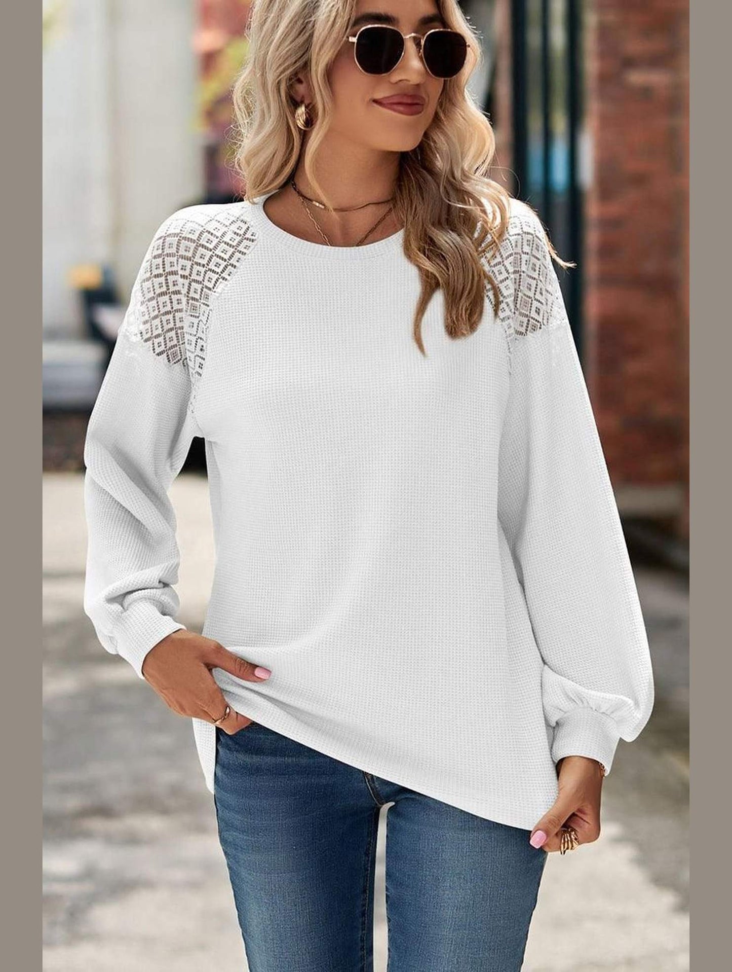 WOMEN LACED SHOULDER DETAILED CASUAL JUMPER TOP - Doublju